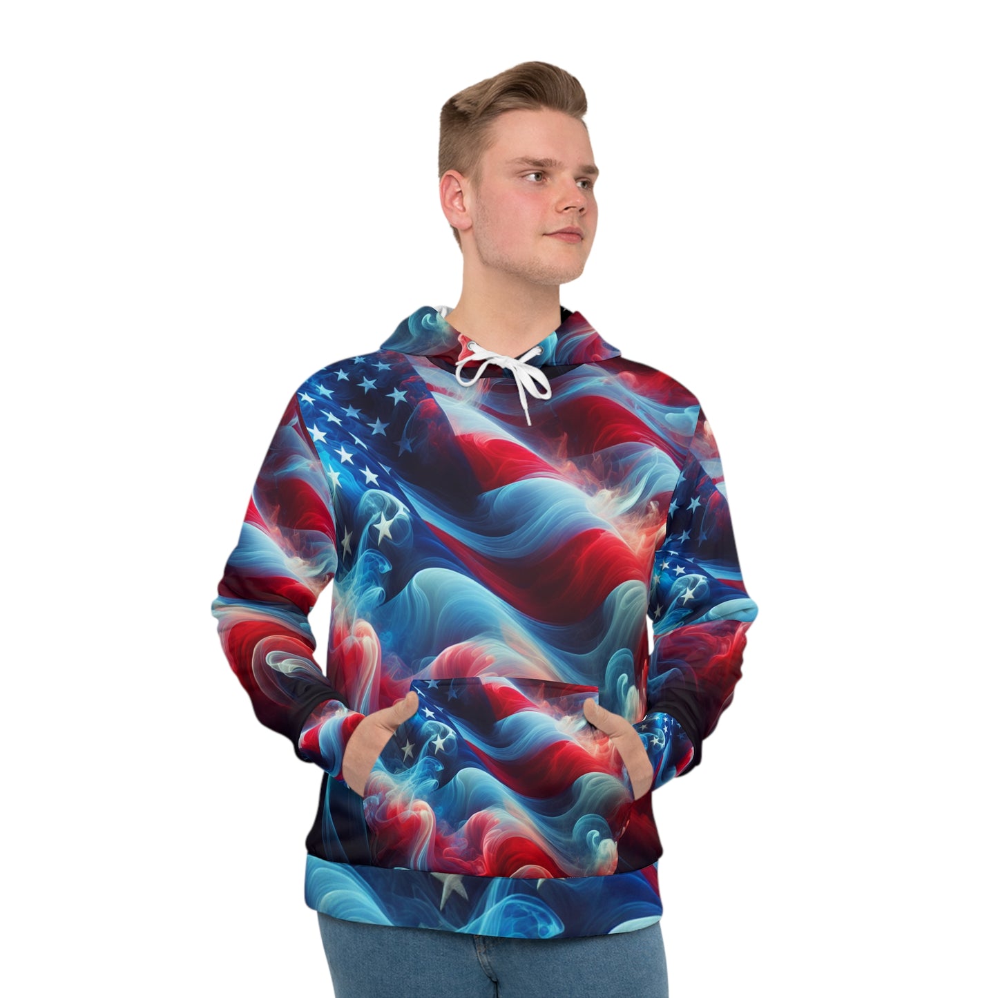 Mystic American Flag Hoodie - Artistic Red & Blue USA Pride - Ethereal Smoke Overlay - Surreal Dreamlike Stars & Stripes Design