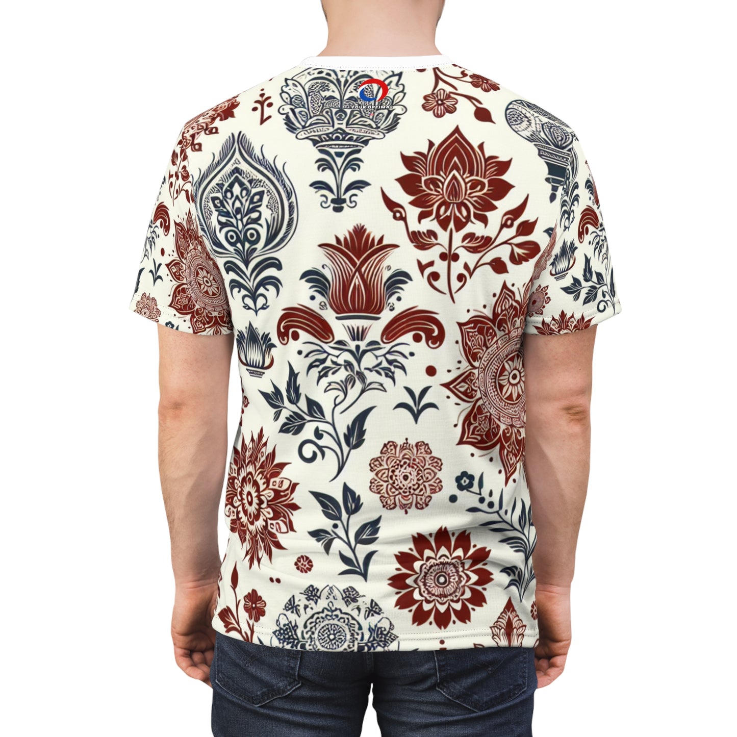 Classic Indian Heritage Seamless Pattern T-Shirt - Intricate Floral and Geometric Motifs in Red and White - Traditional Indian Motifs Tee