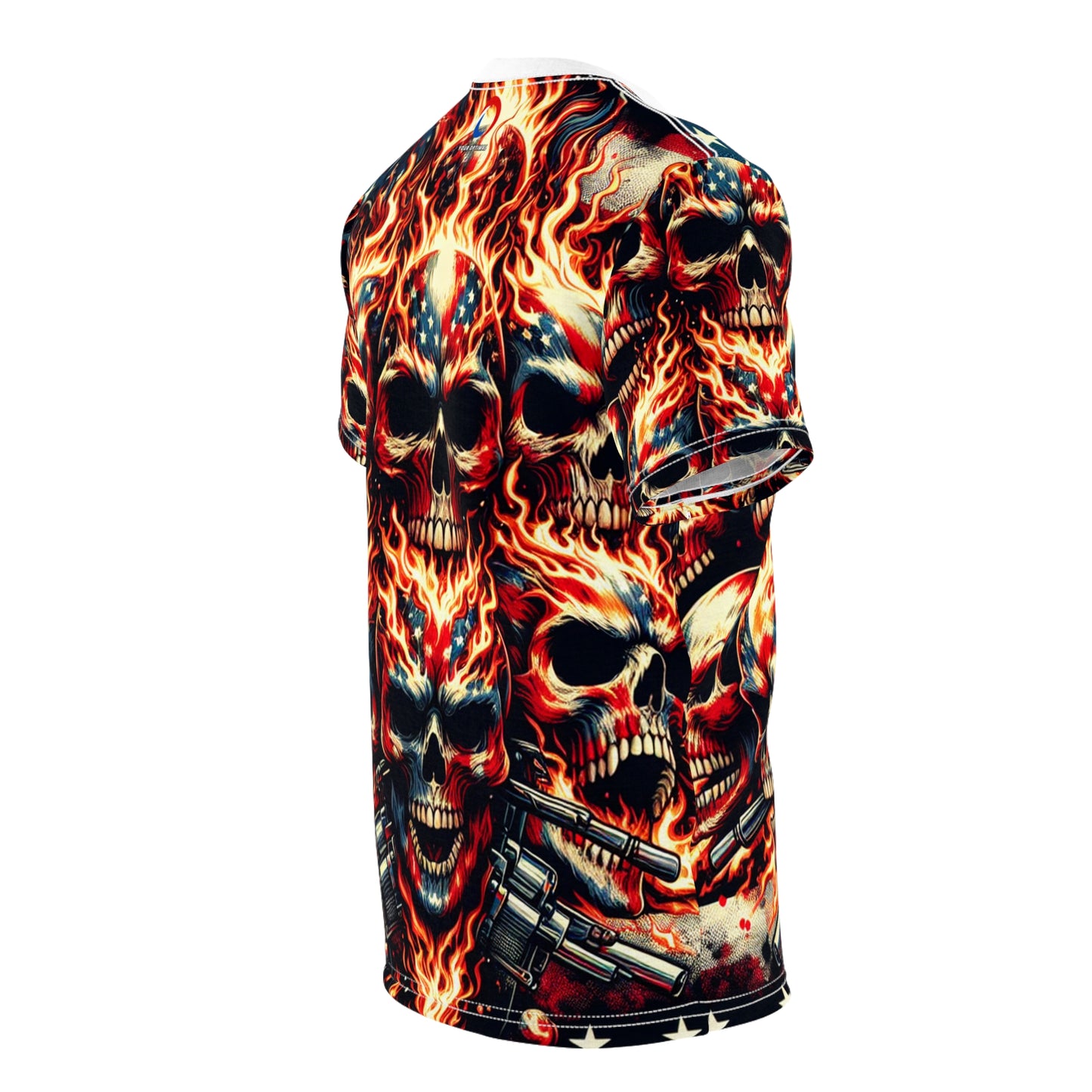 Flaming Skull Spectacle: Patriotic Tattoo Mastery T-Shirt - Patriotic Fashion Tee