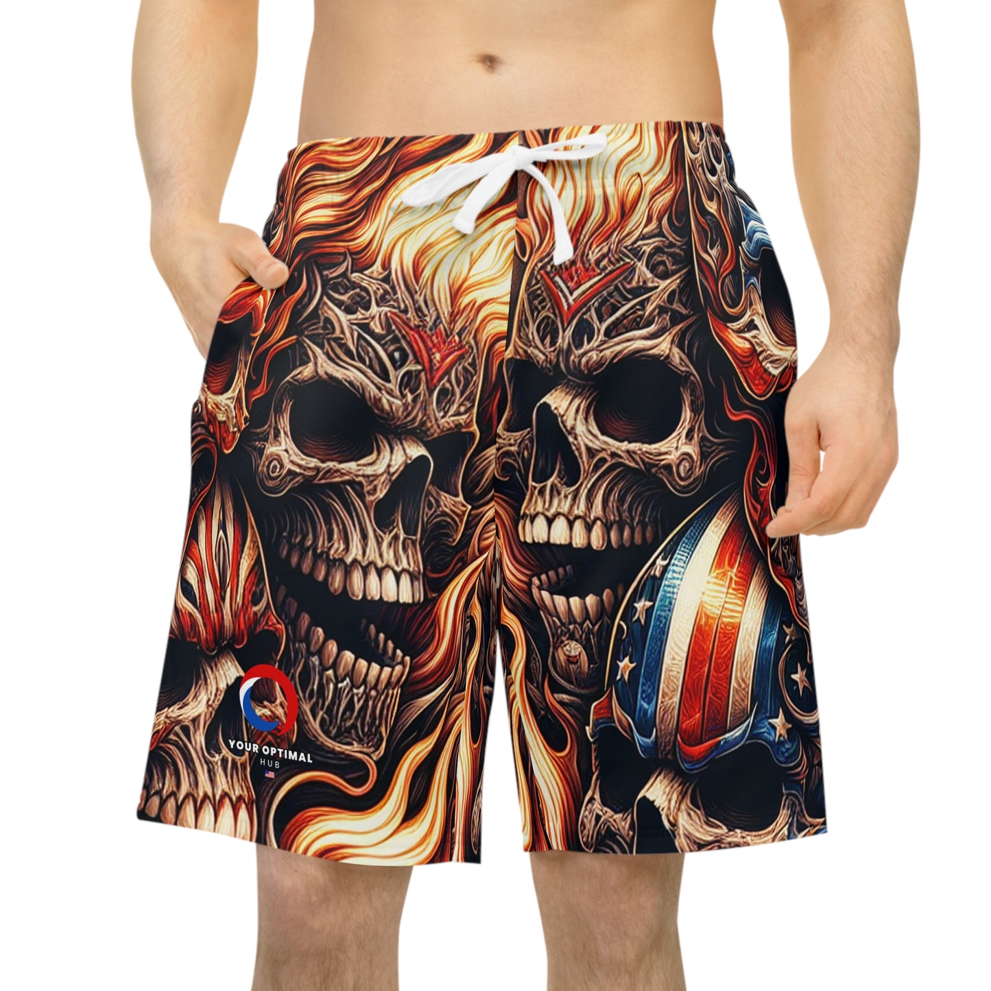 Blazing Patriot Inferno: Skull-Fire Tattoo Hybrid Shorts - Patriotic Streetwear Shorts