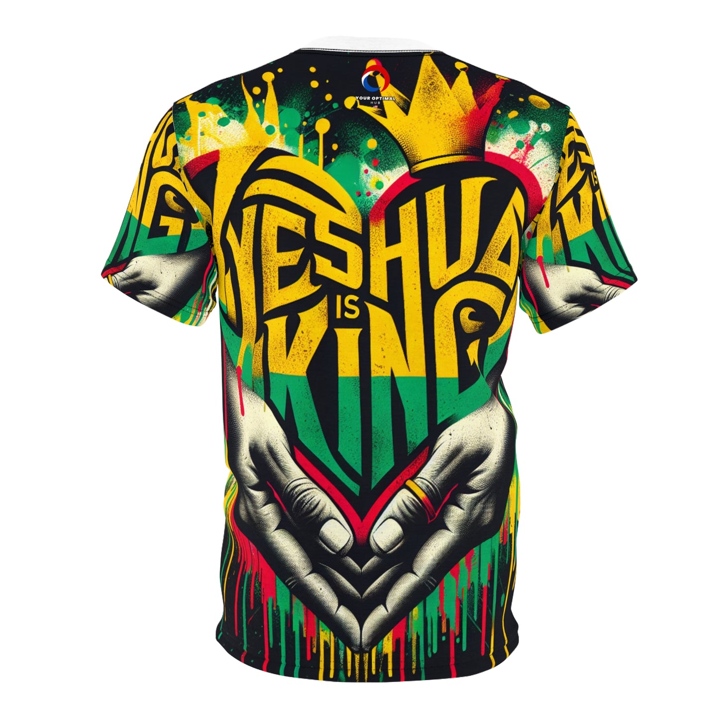 Vibrant Rasta-Inspired 'Yeshua is King' Graffiti Heart T-Shirt - Edgy Faith-Based Word Art - Rastafarian Art-Inspired Tee