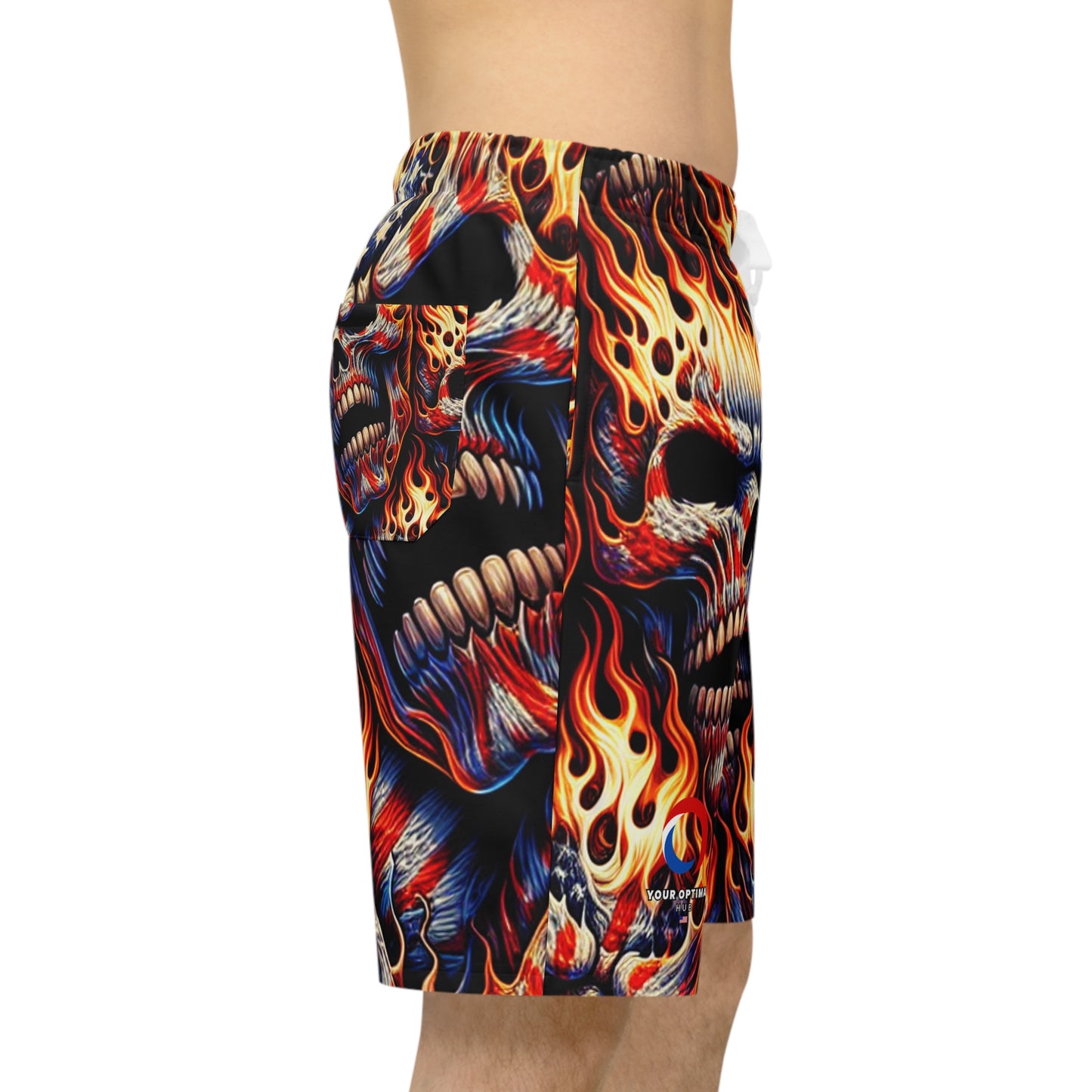 Inferno Embodied: Fiery Skulls & Patriotic Fury Shorts - Patriotic Streetwear