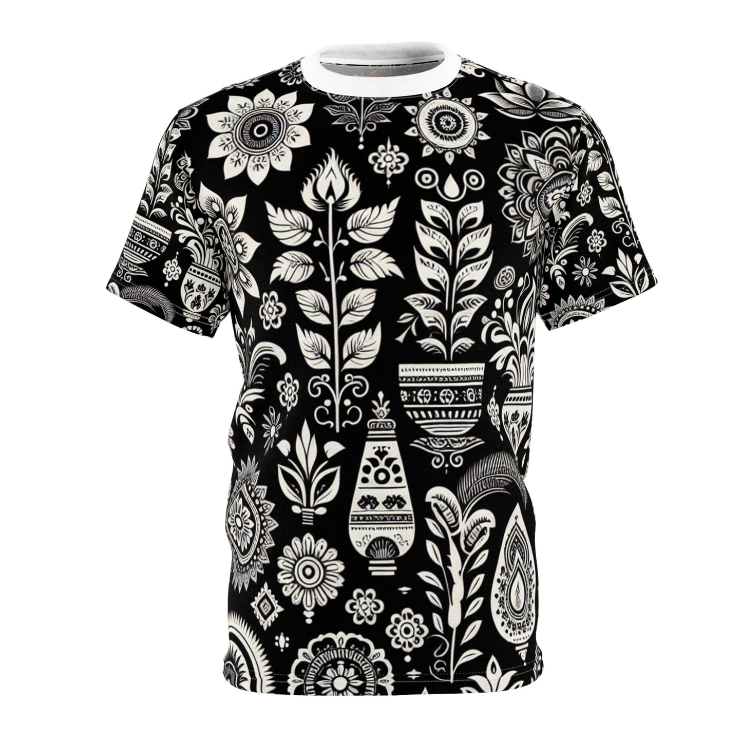 Black and White Indian Heritage Motif Pattern T-Shirt - Seamless, Detailed Floral & Geometric Designs, Modern Aesthetic – Evoke Traditional Indian Culture