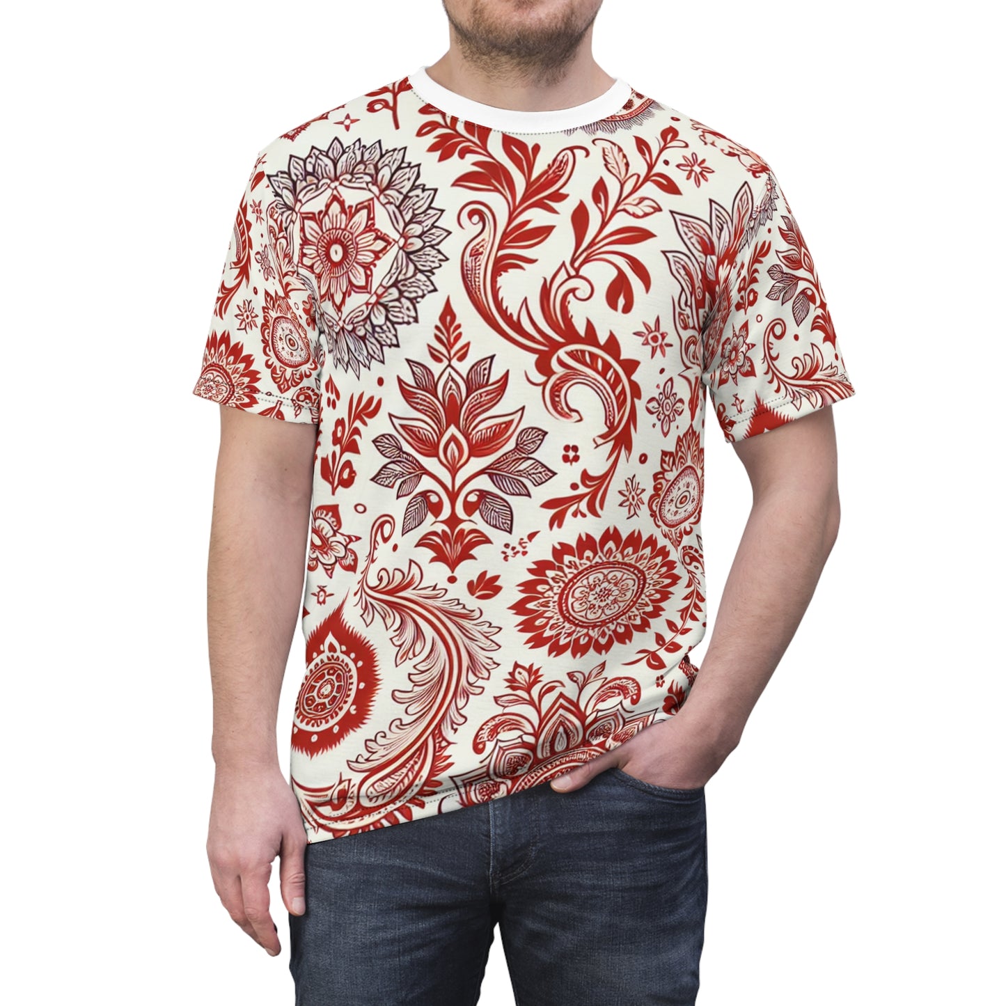 Classic Indian Motifs Scatter Pattern Premium Red-On-White T-Shirt: Seamless Design with Floral-Geometric Shapes - Traditional Indian Motifs Tee