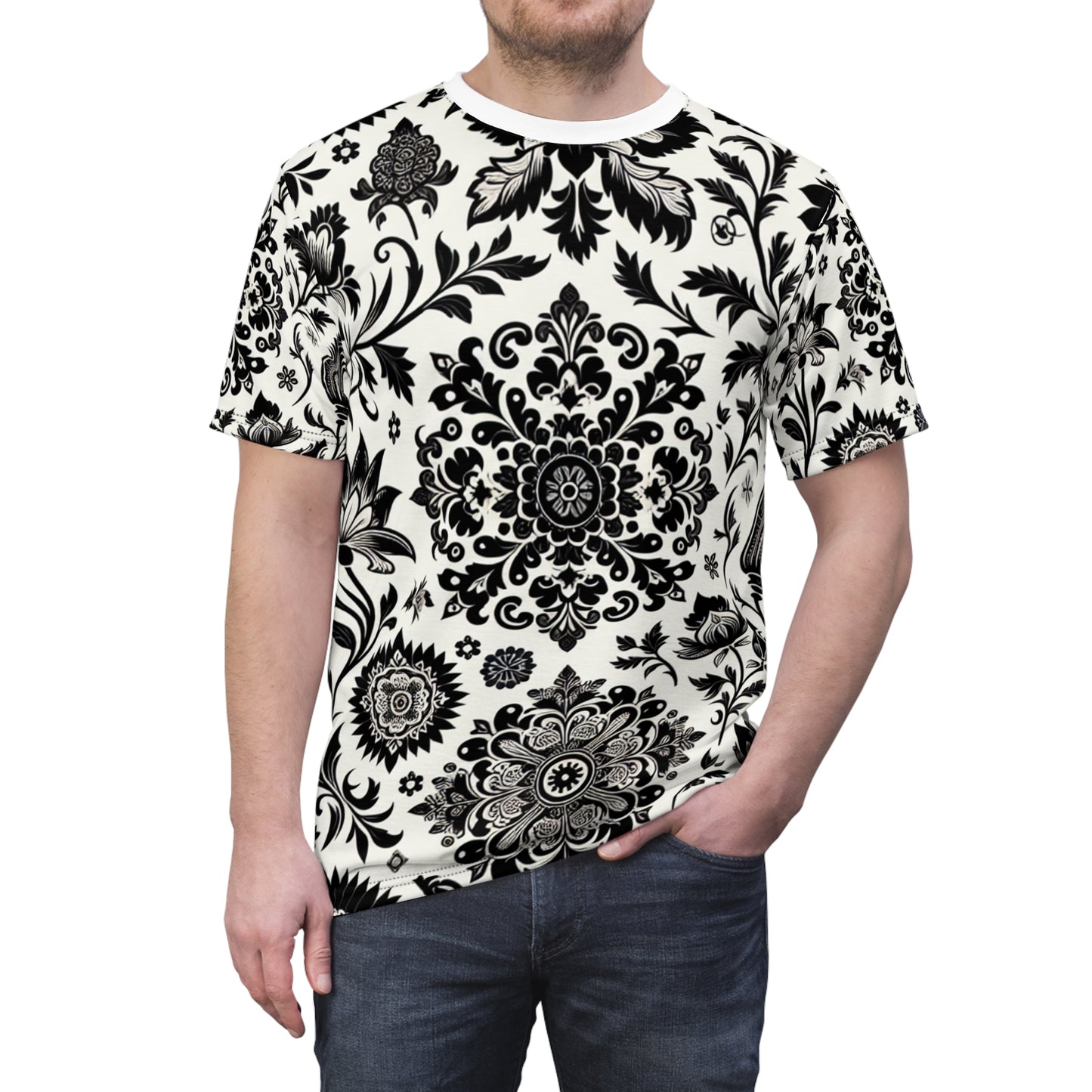 Classic Indian Motifs Collection: Premium White and Black T-Shirt with Scattered Floral & Geometric Designs - Traditional Indian Motifs Tee