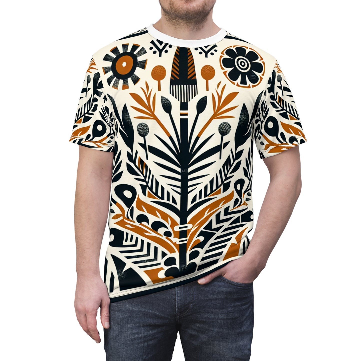 African Fusion Graphic T-shirt: Monochrome & Orange, Modern Nature-Warfare Design - African Tribal Pattern-Inspired Tee