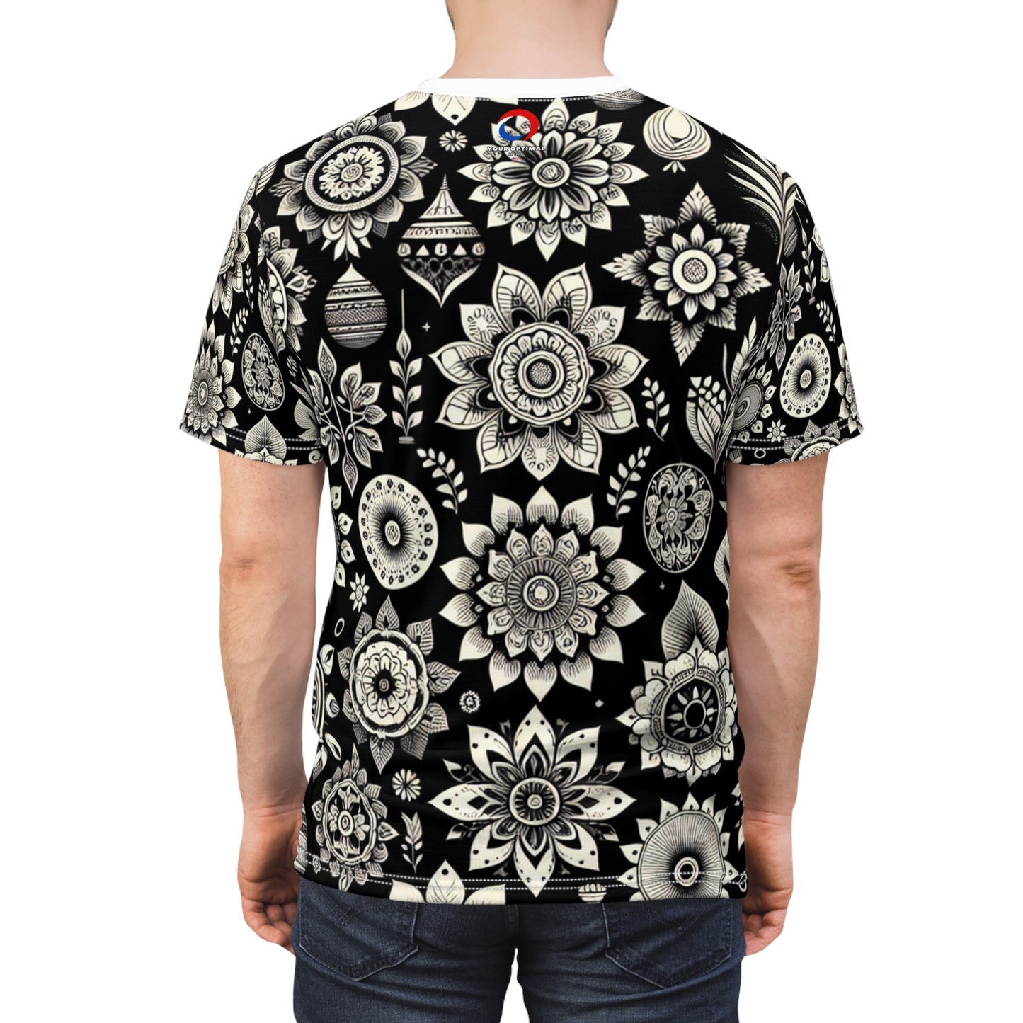 Indian Heritage Motif Collection: Intricate Floral & Geometric Designs on a Monochrome Black & White Seamless Pattern T-Shirt