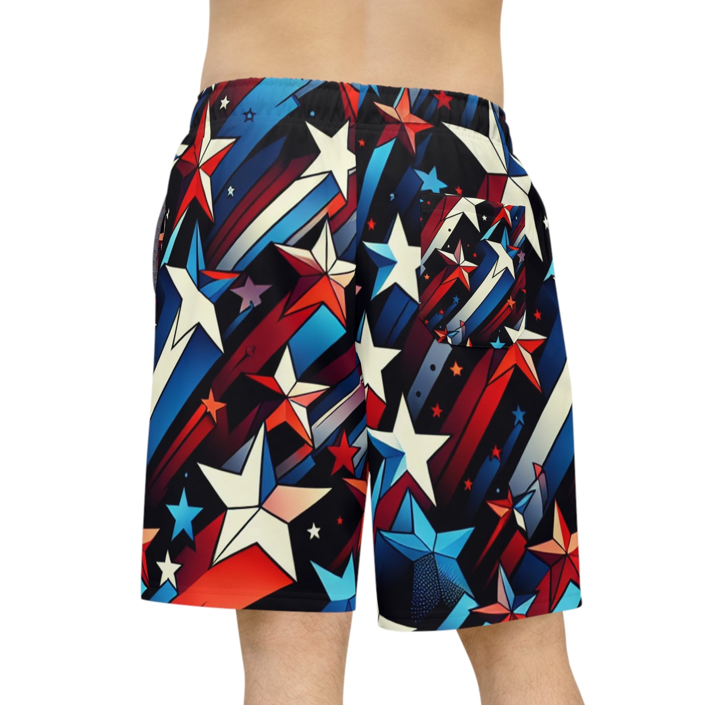 Festive 3D Starburst Shorts – Vibrant Red, White, & Blue – Patriotic Celebration Festival Wear - Patriotic Streetwear Shorts