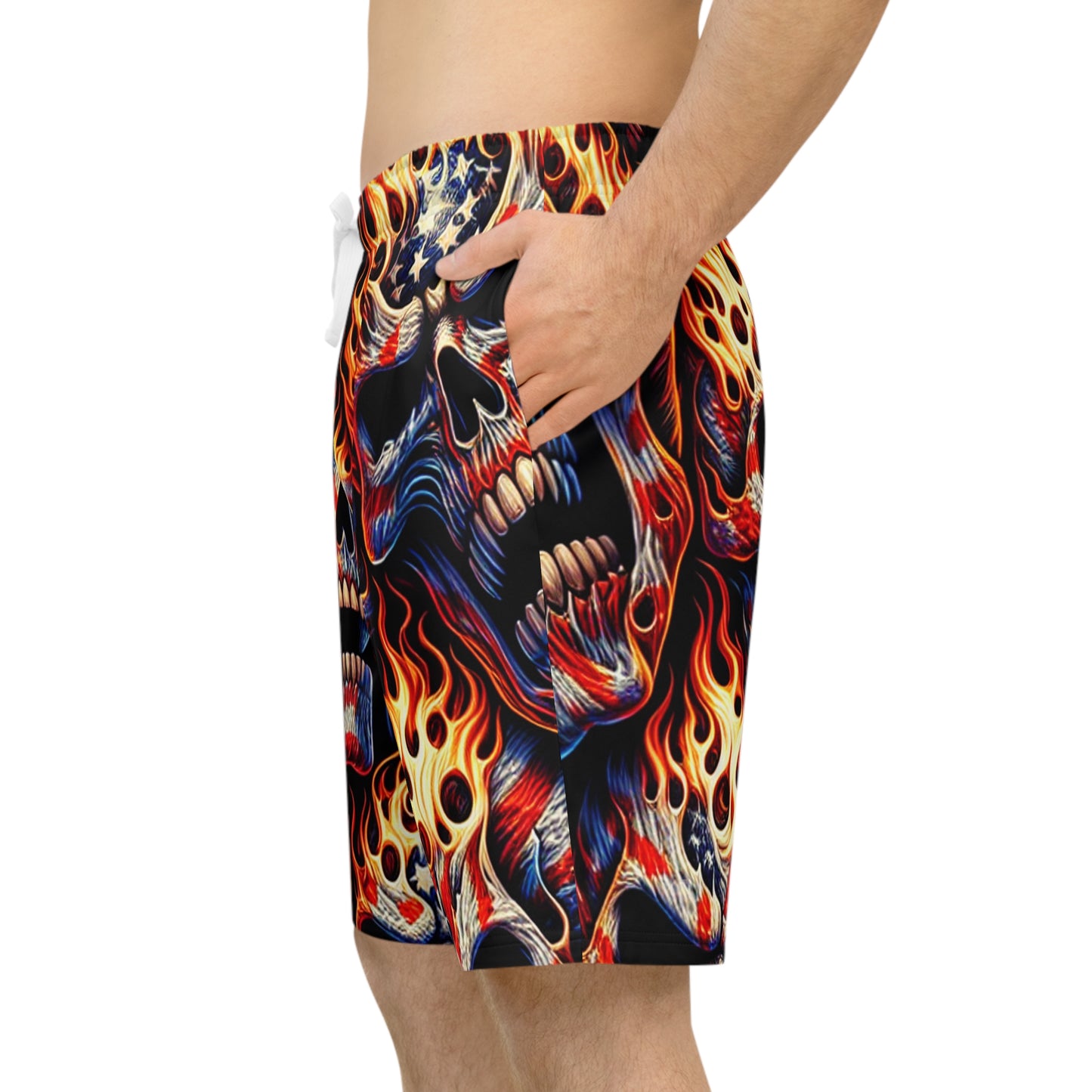 Inferno Embodied: Fiery Skulls & Patriotic Fury Shorts - Patriotic Streetwear