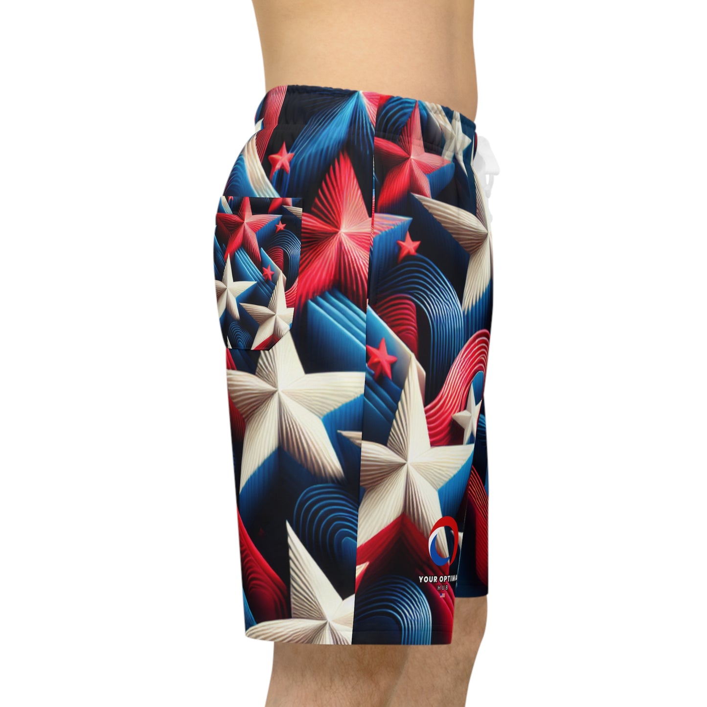 3D Star-Dazzle Shorts: Red, White, Blue Starburst - Festive, Patriotic Party Wear - Patriotic Streetwear Shorts