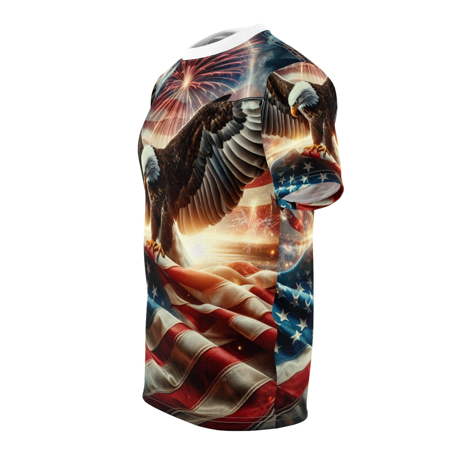 Pride & Freedom: Majestic American Bald Eagle & Flag Patriotic T-Shirt with Vibrant Fireworks Display - Independence Day Heritage Celebration Wear - Patriotic Streetwear Tee