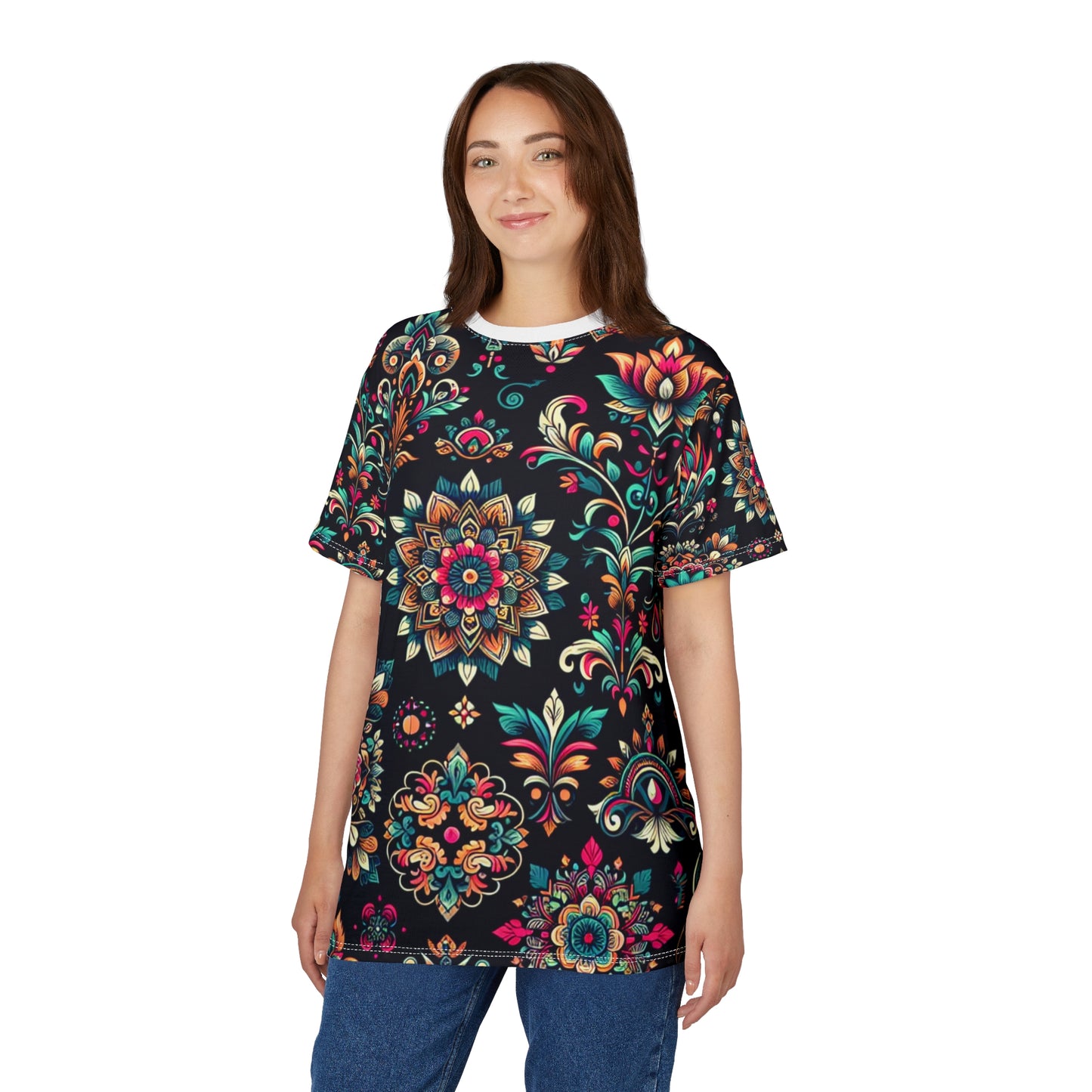 UV-Reactive Bioluminescent Bohemian T-Shirt featuring Scattered Neon Indian Motifs on Black Background