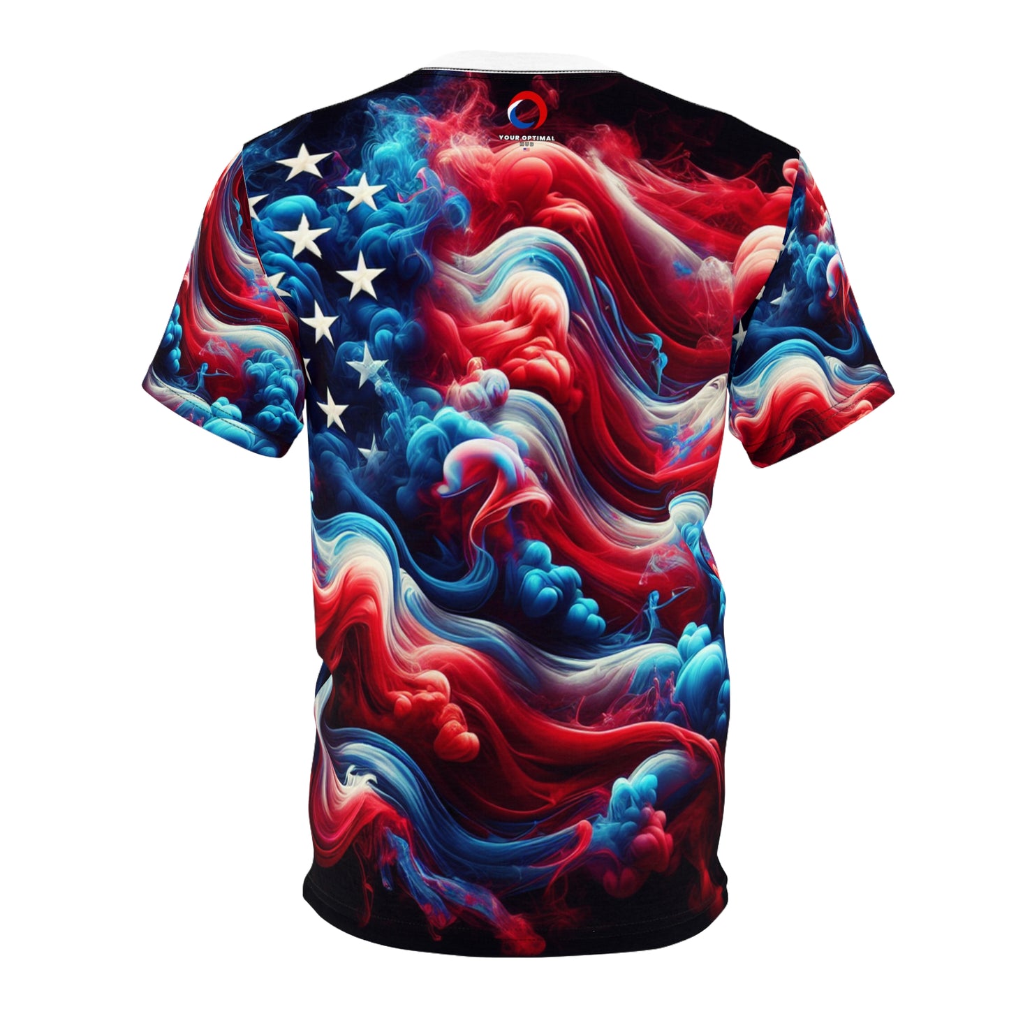 American Glory: Artistic Ethereal Smoke-Effect USA Flag T-Shirt, Red-Blue Color Transition - Patriotic Streetwear Tee