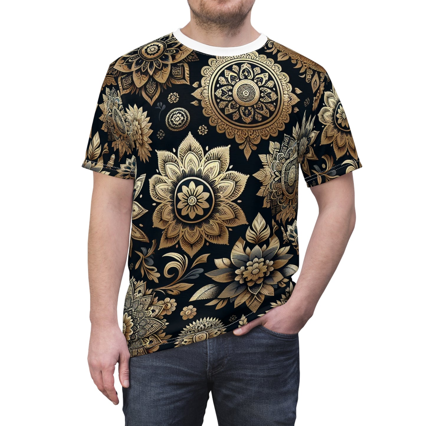 Gold on Black Indian Pattern Tee – Reflective Floral & Geometric Motif Design Shirt