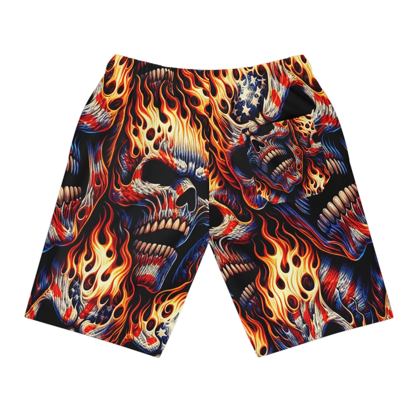 Inferno Embodied: Fiery Skulls & Patriotic Fury Shorts - Patriotic Streetwear