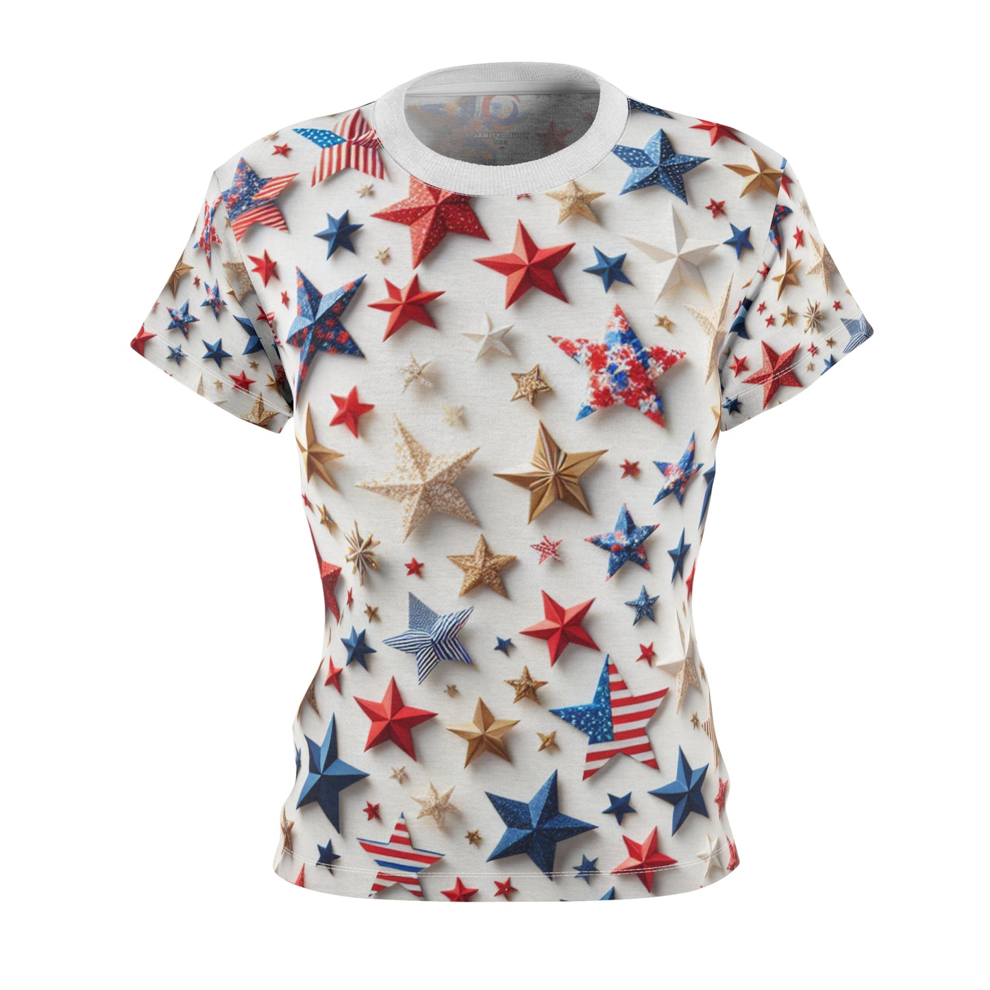 Festive Patriotic Star Pattern Women's T-Shirt - Red, Blue & Gold Celebration Top for Independence Day - Patriotic Streetwear Tee