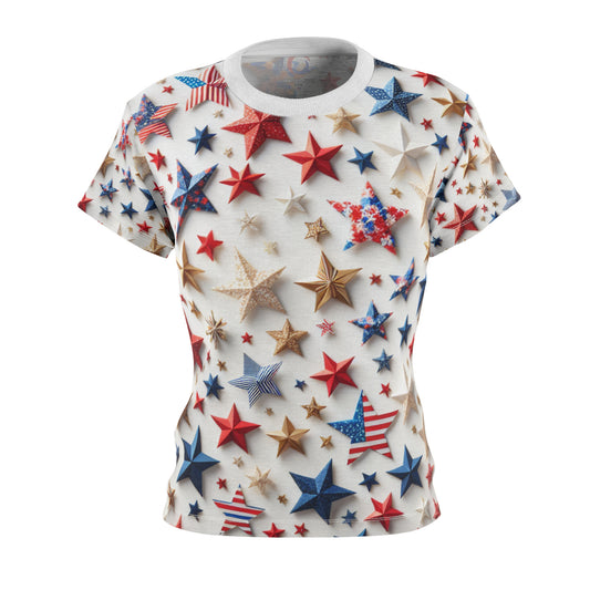 Festive Patriotic Star Pattern Women's T-Shirt - Red, Blue & Gold Celebration Top for Independence Day - Patriotic Streetwear Tee