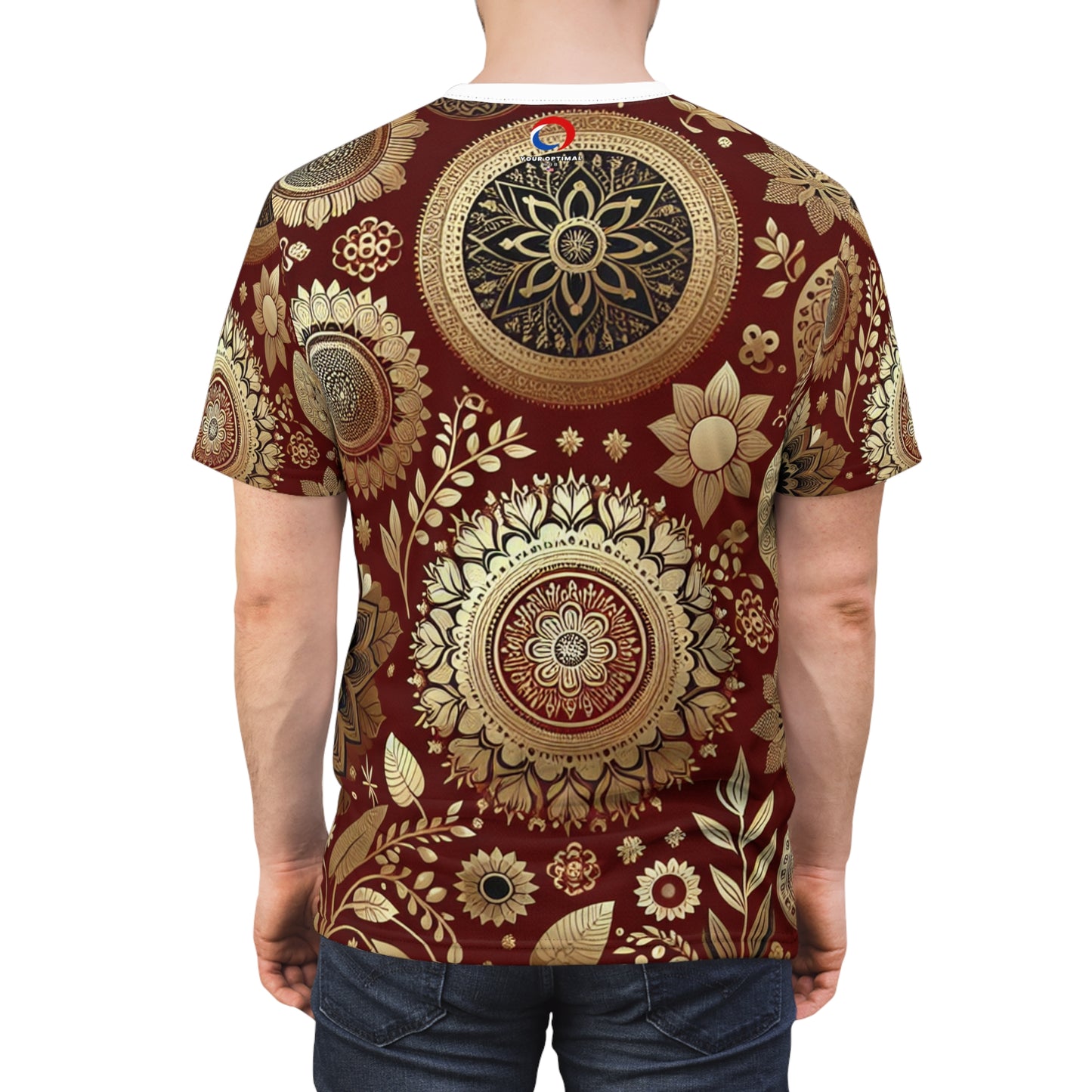 Traditional Indian Motif Artistry: Intricate Floral & Geometric Gold-on-Red Seamless Pattern T-Shirt - Indian Streetwear Apparel