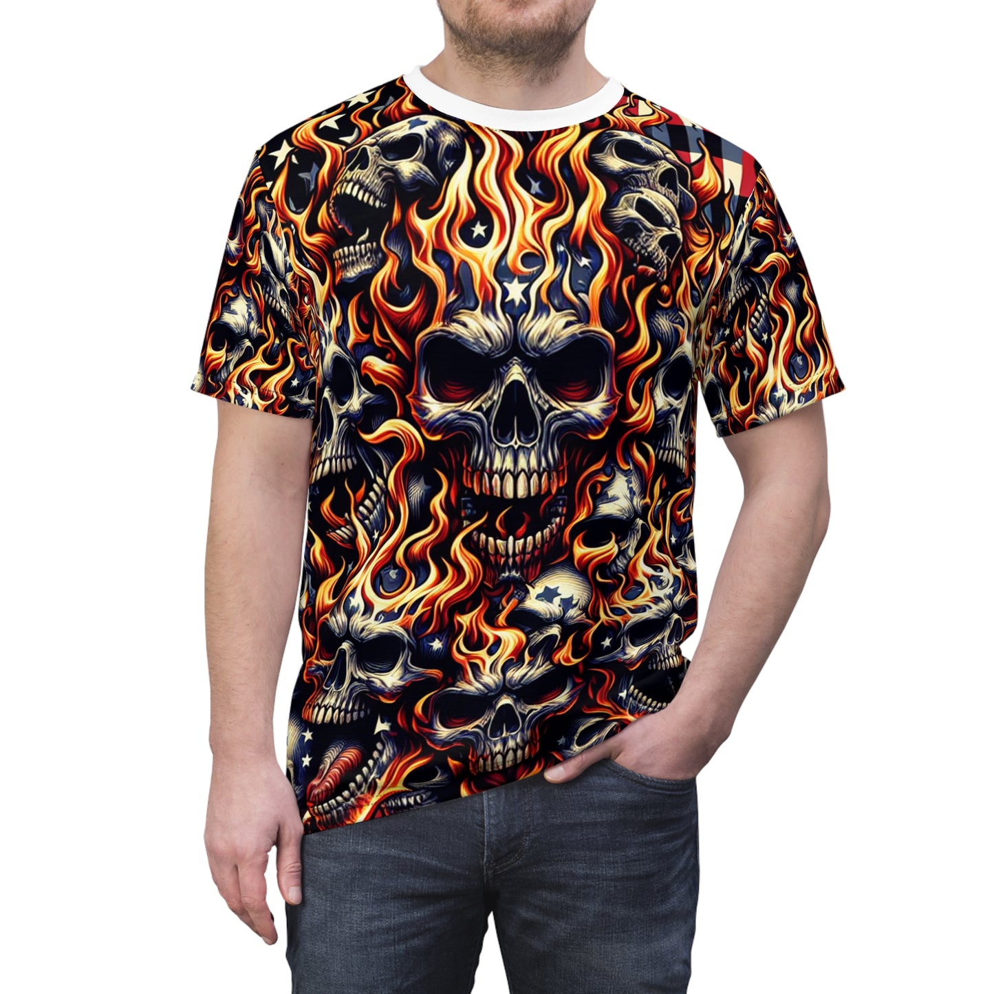 Fiery Patriotic Inferno: Skull-Drenched Tattoo-Style T-Shirt - Dynamic Design Tee