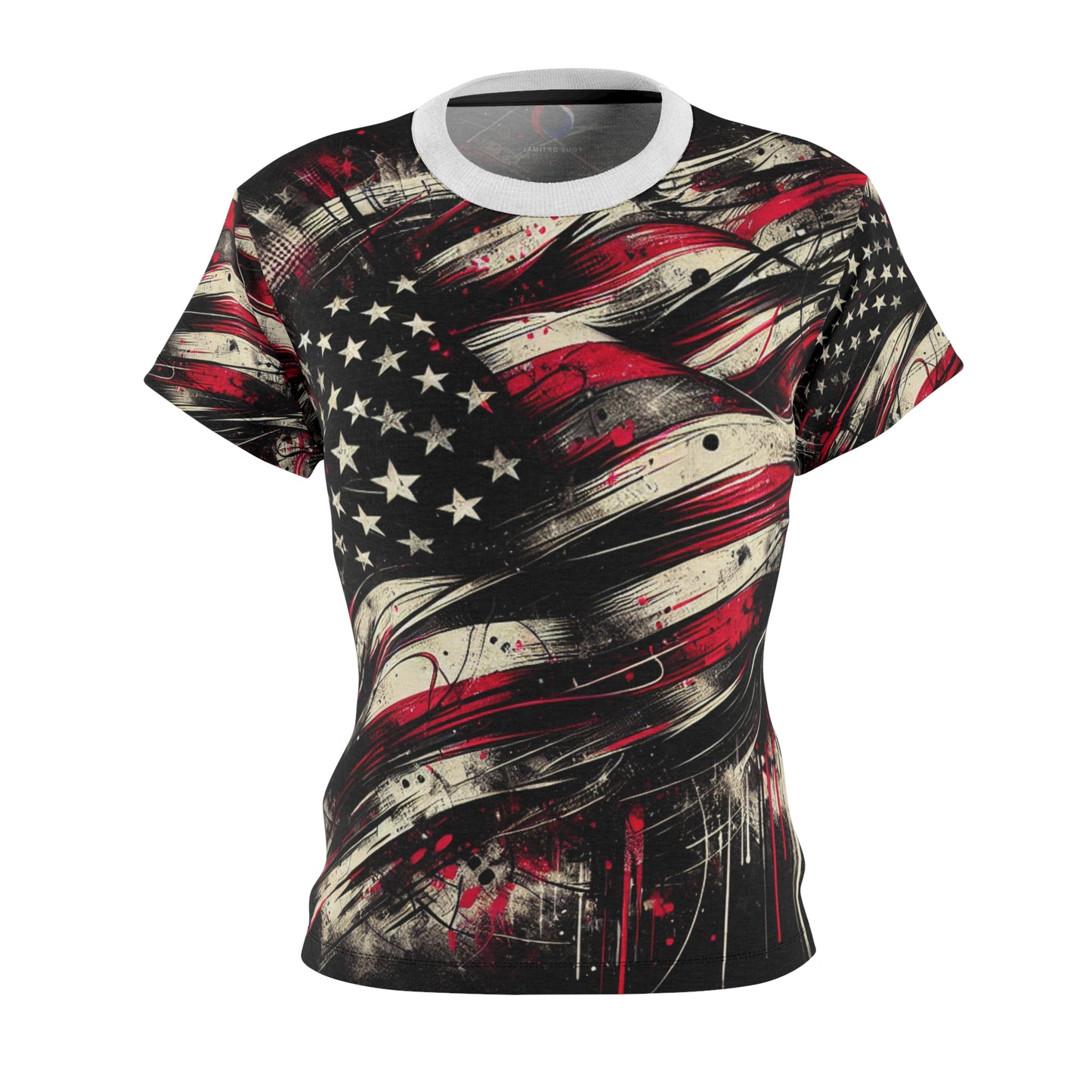 Grunge Patriot: Distressed & Splatter-Painted USA Flag Women's Streetwear T-shirt - Patriotic Streetwear Tee