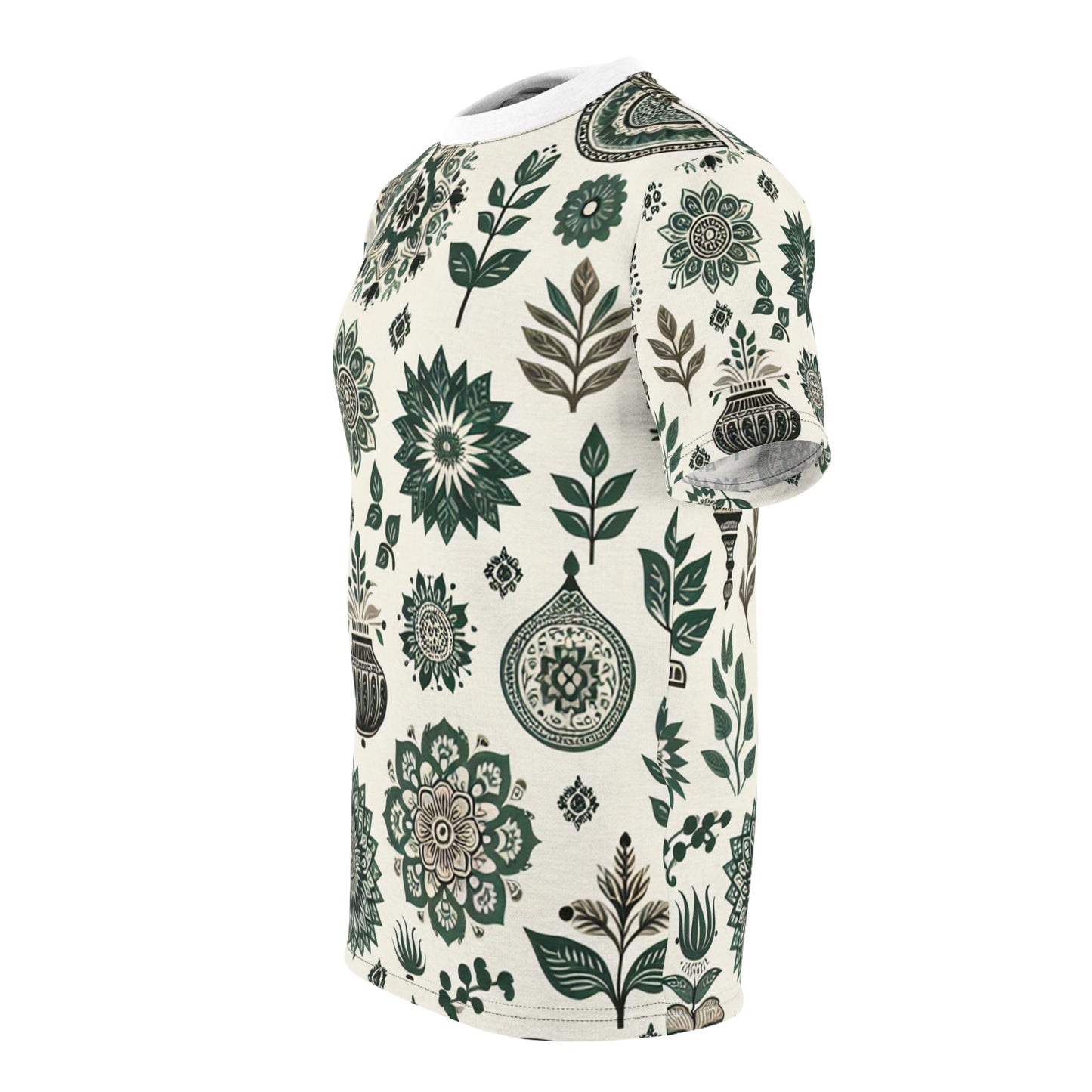 Classic Indian Heritage Motif Collection - Green & White Seamless Pattern T-Shirt - Traditional Floral & Geometric Shapes on Premium White Background