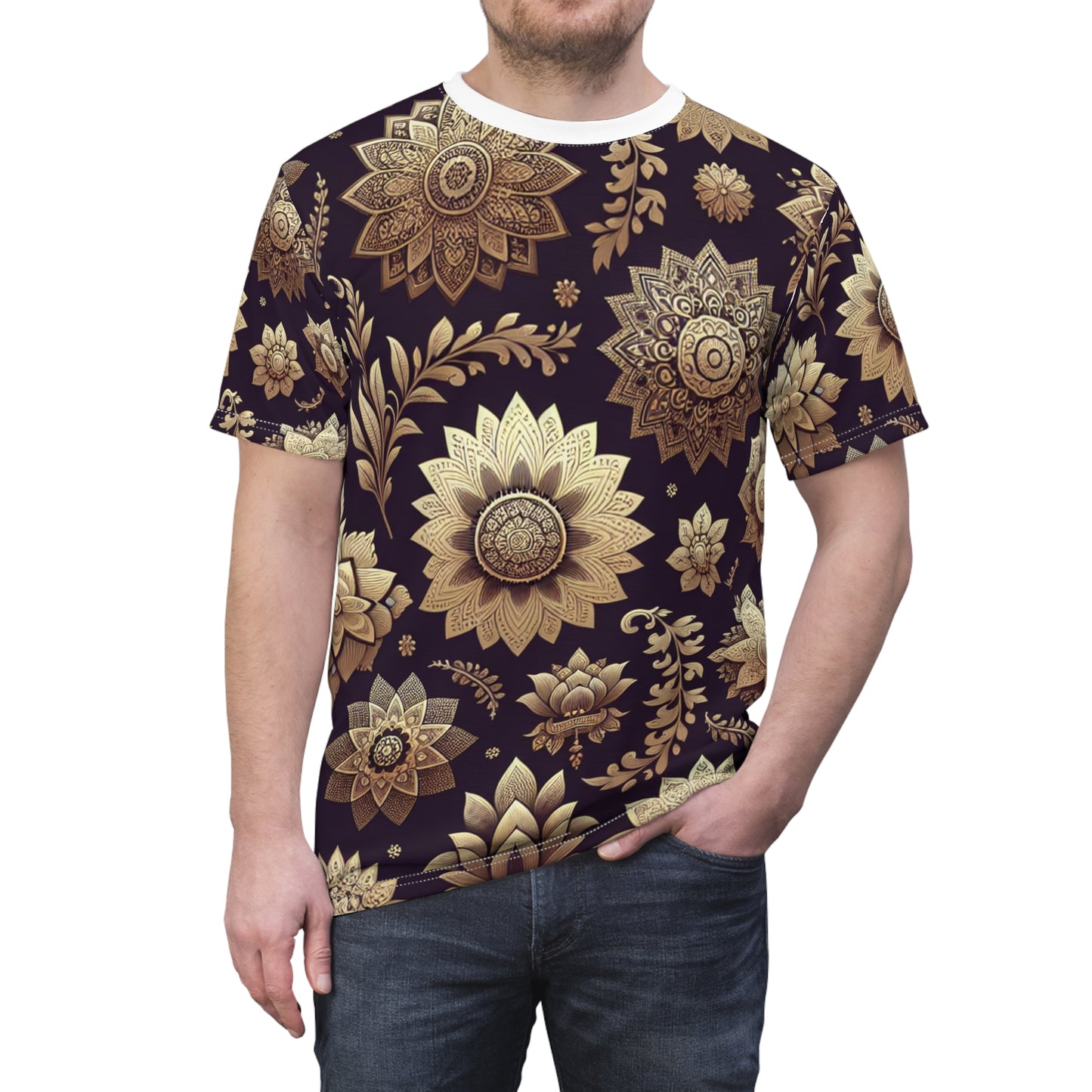 Indian Heritage-Inspired Gold Motifs on Purple Background: Modern, Seamless Pattern T-Shirt with Floral & Geometric Designs