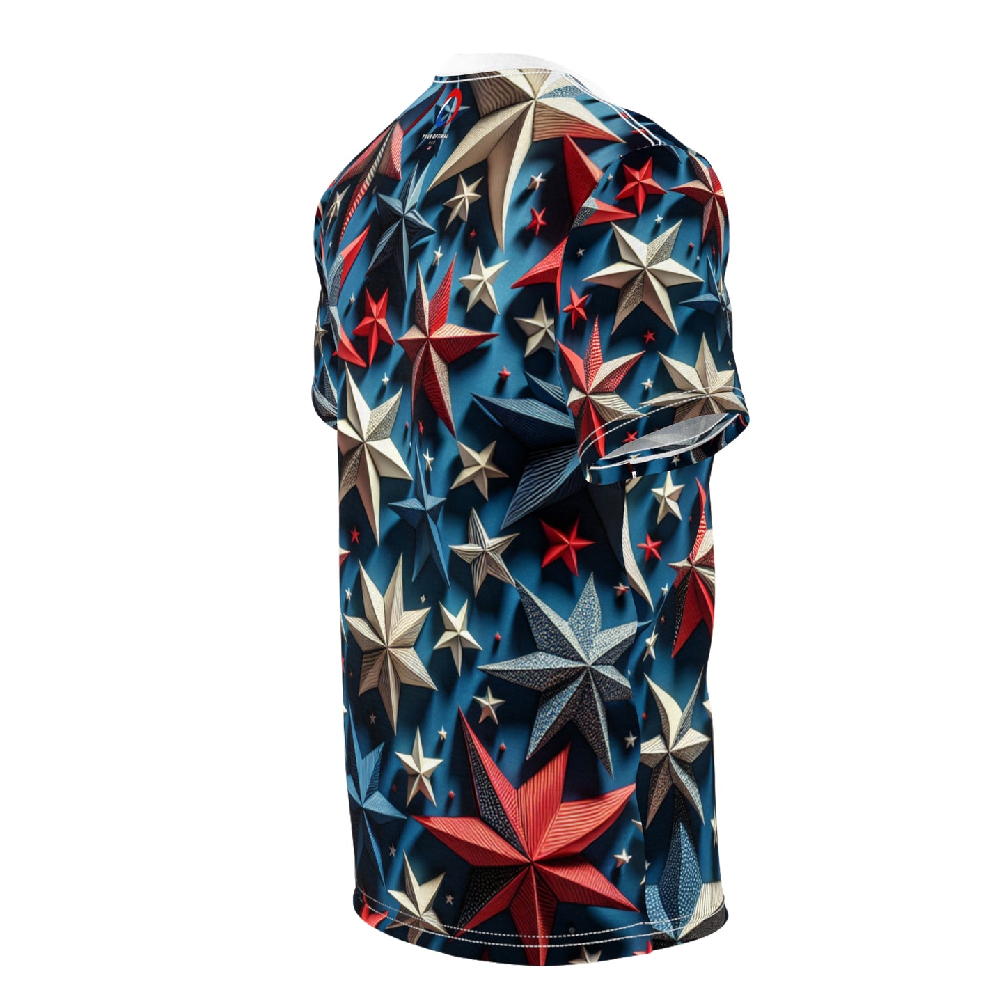 3D Patriotic Starburst T-Shirt - Vibrant Red, White & Blue Star Design on Deep Blue Background - Patriotic Streetwear Tee