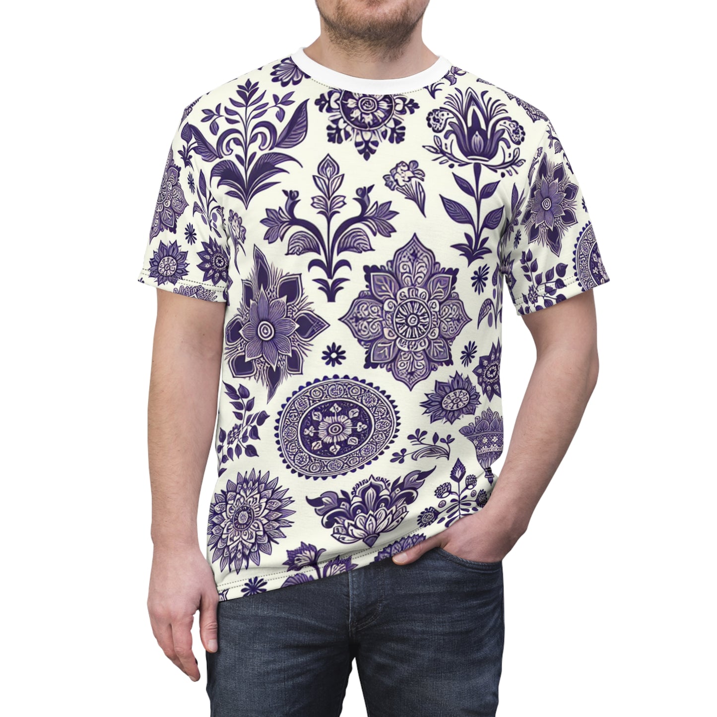 Classic Indian Heritage Seamless Pattern T-Shirt in Purple - Traditional Floral & Geometric Motifs on a White Background - Modern Minimal Aesthetic Apparel