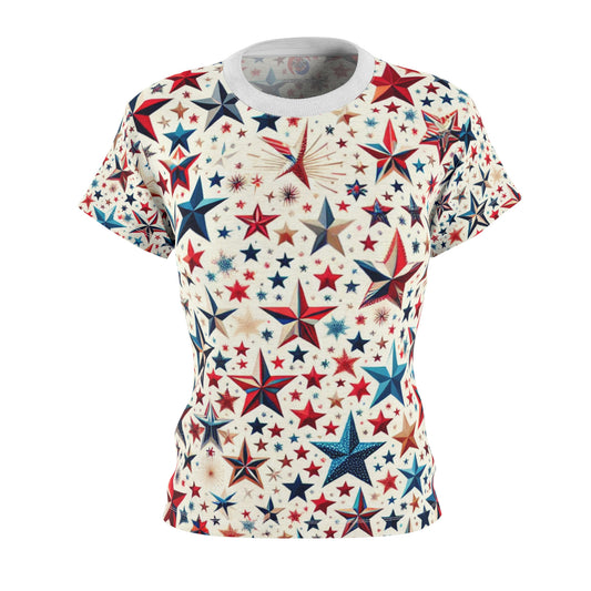 Women's Joyful Patriotic Star-Scattered T-Shirt - Vibrant Red, Blue & Gold for Festive Celebrations - Patriotic Streetwear Tee