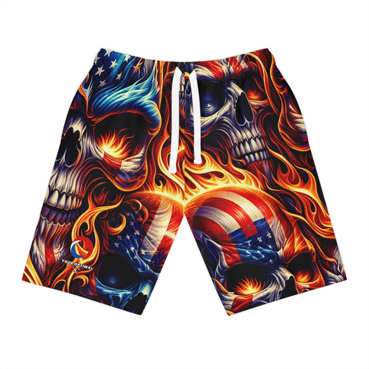 Blaze of Valor: Patriotic Inferno Skull Tattoo-Style Shorts - Patriotic Streetwear Shorts