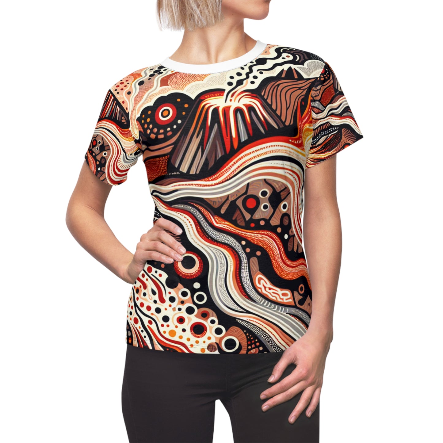 Fiery Aboriginal Landscape Themed Women's T-Shirt - Volcano Inspired Indigenous Dot Art Tee - Ancestral Connection-Inspired Apparel