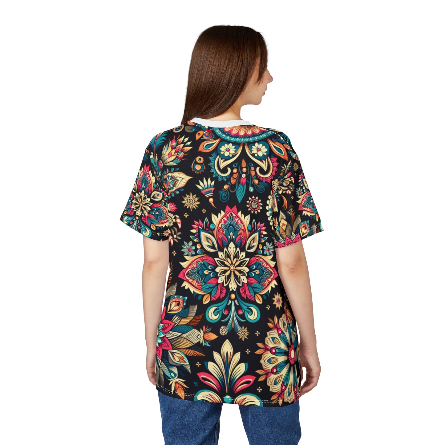 UV Reactive Boho-Chic T-Shirt with Intricate Neon Indian Motifs on Black Background - Scattered Geometric Floral Design
