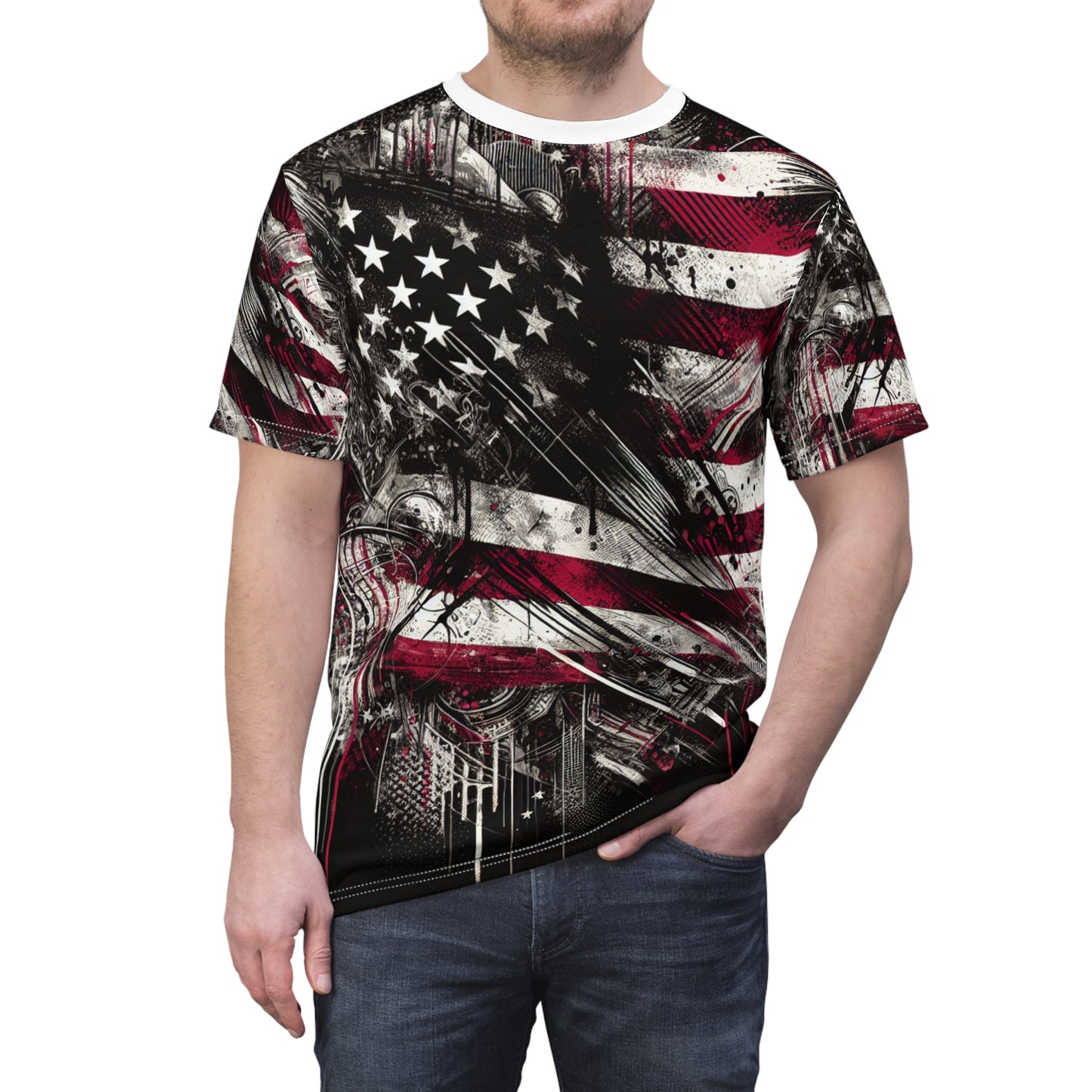 Grunge Patriotic Power: Weathered American Flag Streetwear T-shirt with Edgy Urban Graffiti Elements - Patriotic Streetwear Tee