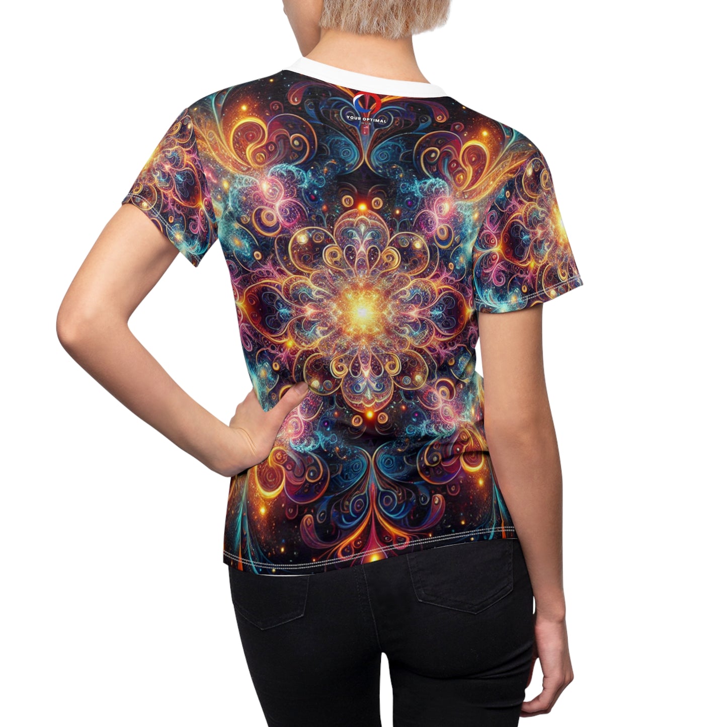 Psychedelic Cosmic Mandala Women's Tee - Neon Swirl Artwork on Dark Galaxy Background - Women's Trippy Tee