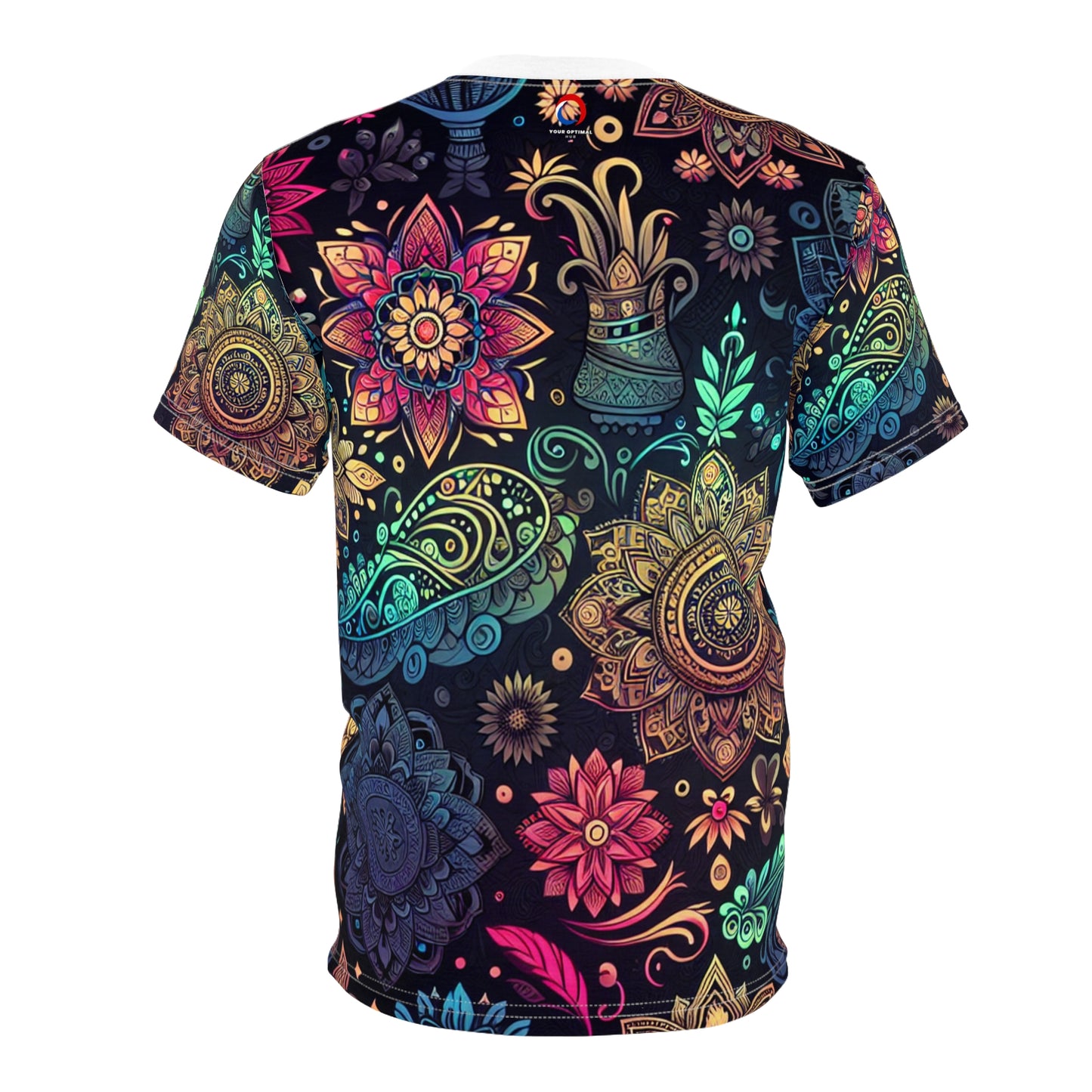 UV Reactive Indian Motif T-Shirt – Neon Bioluminescent Floral & Geometric Pattern on Black – Traditional Desi Style Glow Tee