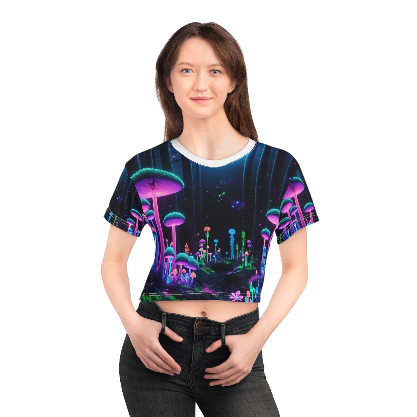 Ethereal Moonlight Enchantment: Blacklight Crop Tee, Neon Mushroom Forest & Luminous Fireflies - Women's Blacklight Tee