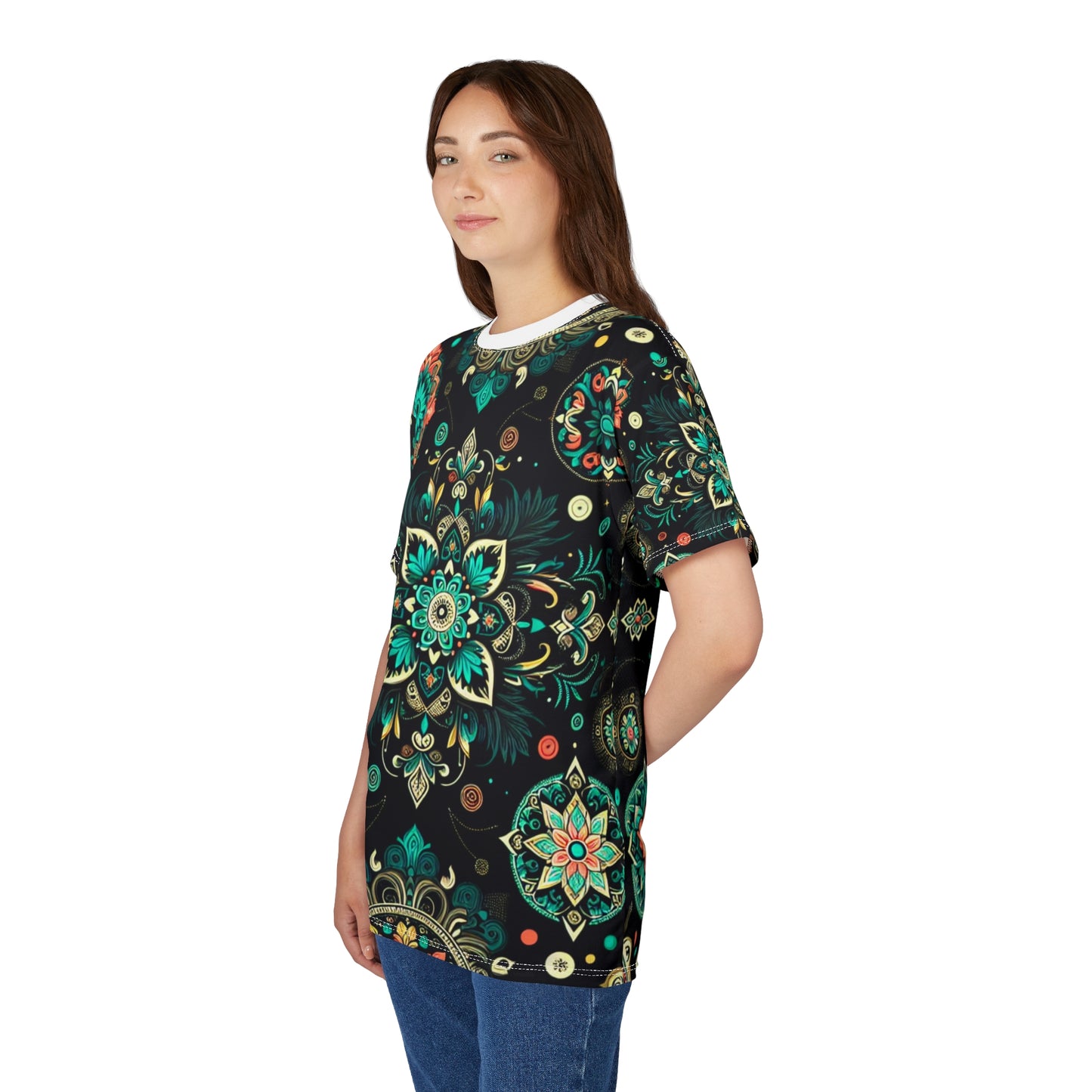 Neon UV Indian Motif Tee – Bioluminescent Floral & Geometric Glow Pattern on Black Shirt