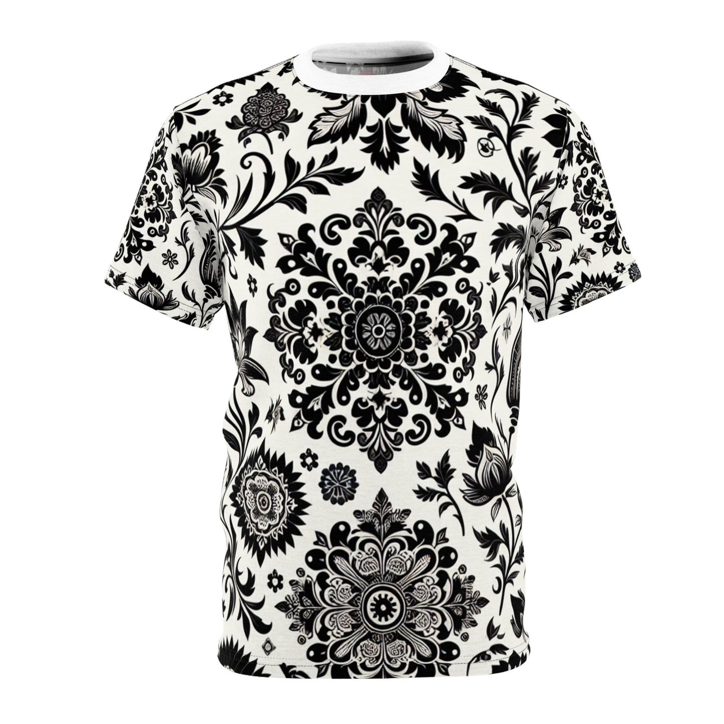 Classic Indian Motifs Collection: Premium White and Black T-Shirt with Scattered Floral & Geometric Designs - Traditional Indian Motifs Tee