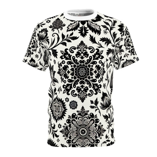 Classic Indian Motifs Collection: Premium White and Black T-Shirt with Scattered Floral & Geometric Designs - Traditional Indian Motifs Tee