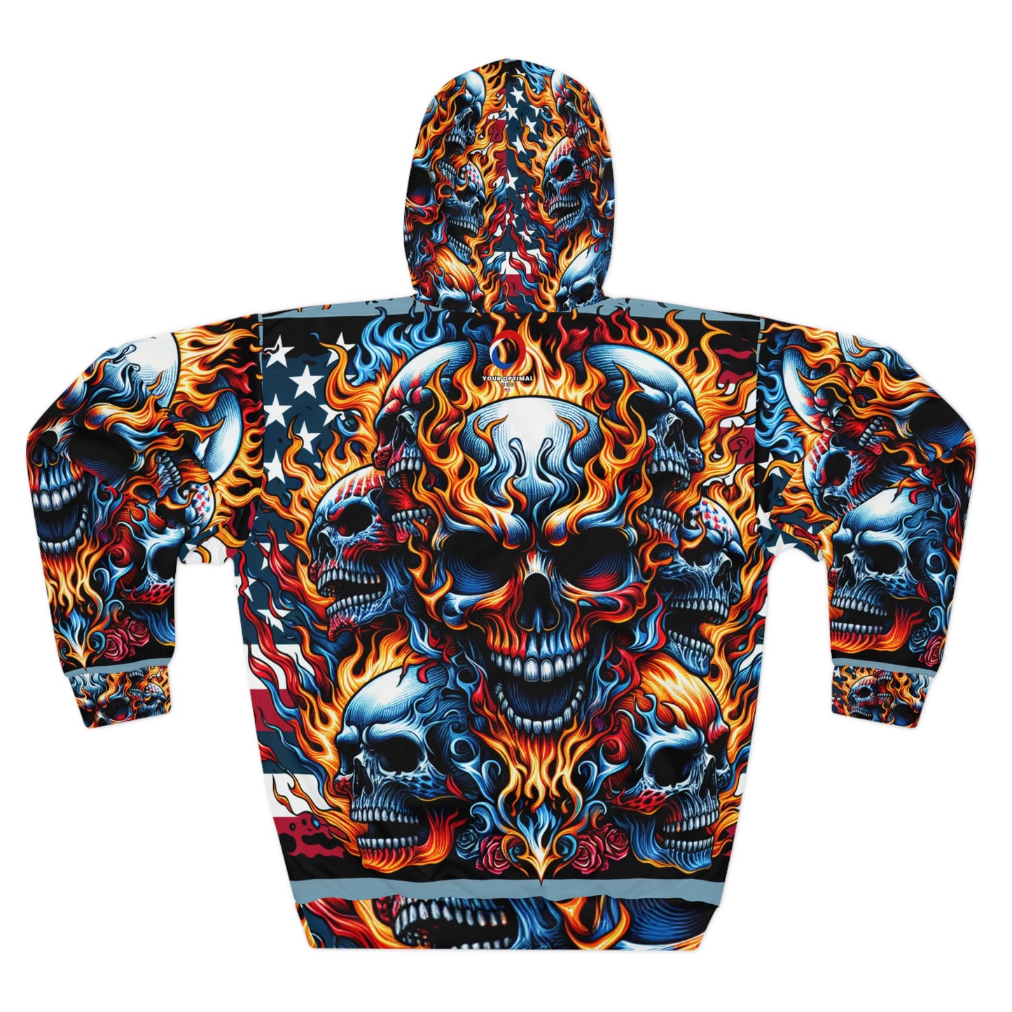 Patriotic Skull Hoodie Densely Packed Flaming Skulls with Bold Stars and Stripes - Patriotic Streetwear