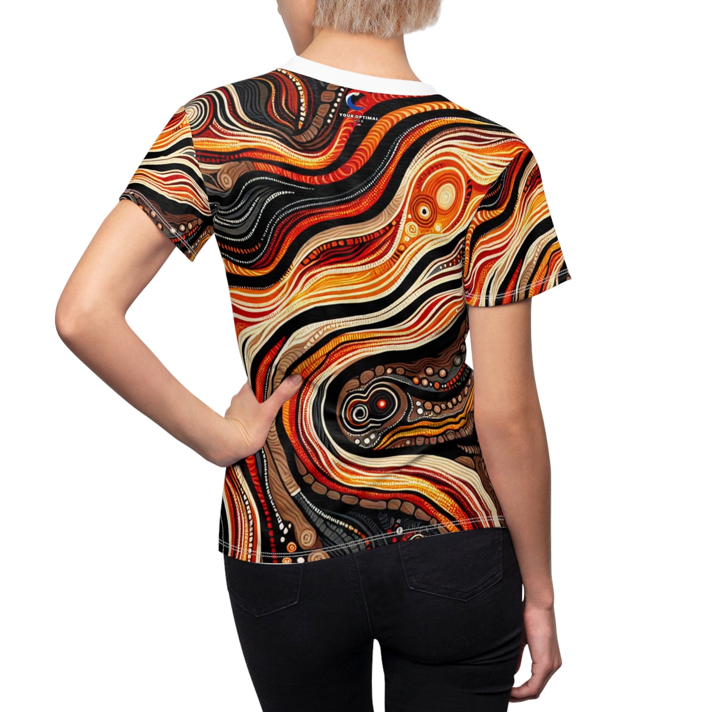 Volcanic Dream Dot Art Women's Tee - Aboriginal-Inspired Fiery Landscape Design in Vibrant Earthy Tones - Ancestral Connection Apparel