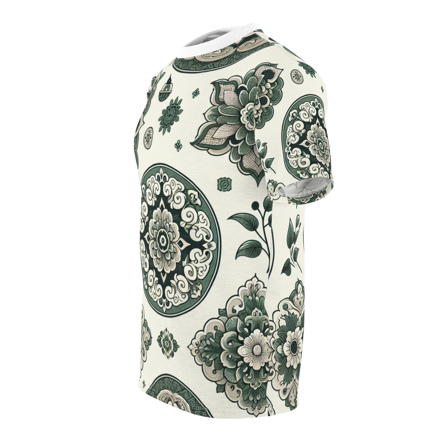 Classic Indian Motif T-Shirt - Intricate Geometric & Floral Design in Green on White - Modern Minimalist Apparel Inspired by Traditional Indian Motifs