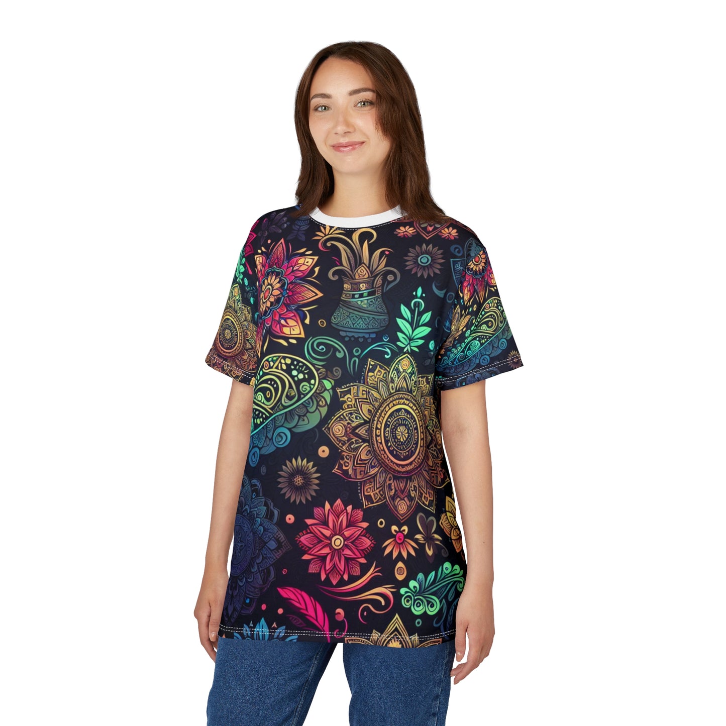 UV Reactive Indian Motif T-Shirt – Neon Bioluminescent Floral & Geometric Pattern on Black – Traditional Desi Style Glow Tee
