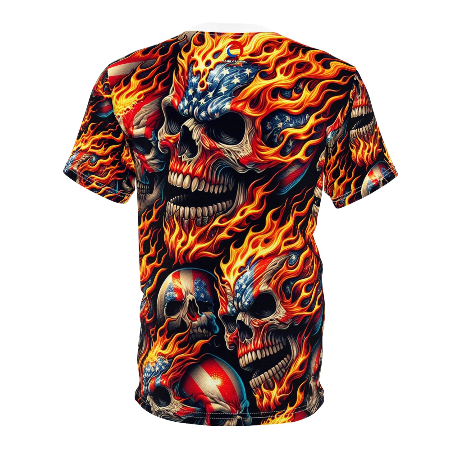 Inferno Patriot: Skull Blaze Mastery in Stars and Stripes Tee - Patriotic Streetwear Tee