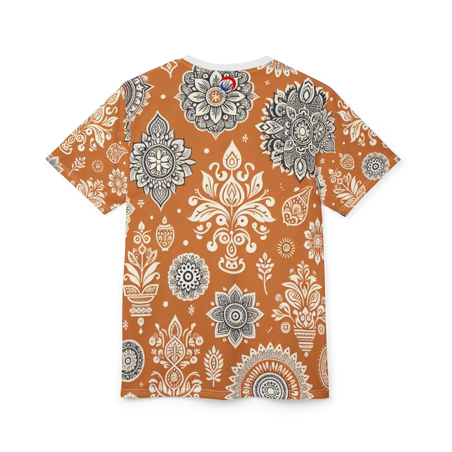 Traditional Indian Motif Print T-Shirt - Luxury Floral & Geometric Seamless Pattern - White on Orange - Modern Ethnic Décor Design Style