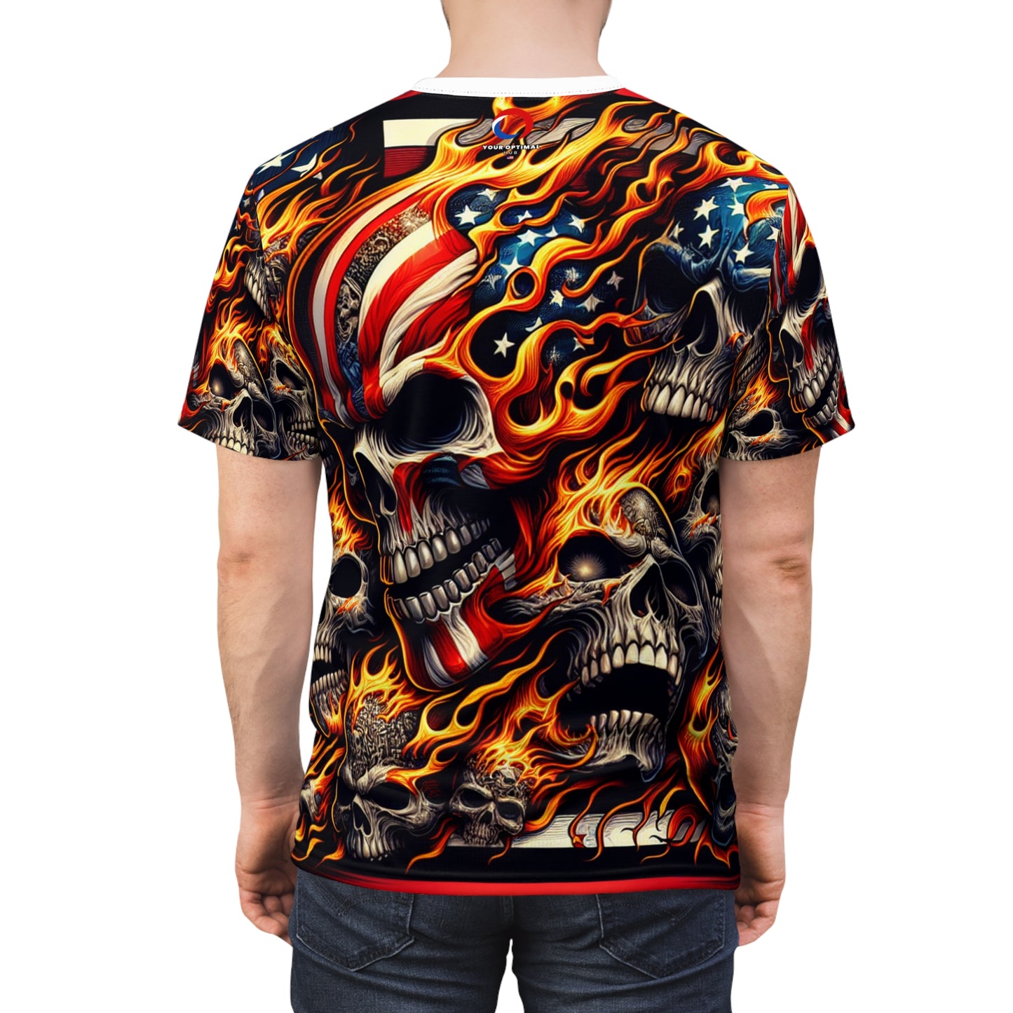 Skull Blaze Patriotism: Densely Designed Fire Fueled Skeleton Tee - Patriotic Streetwear Tee