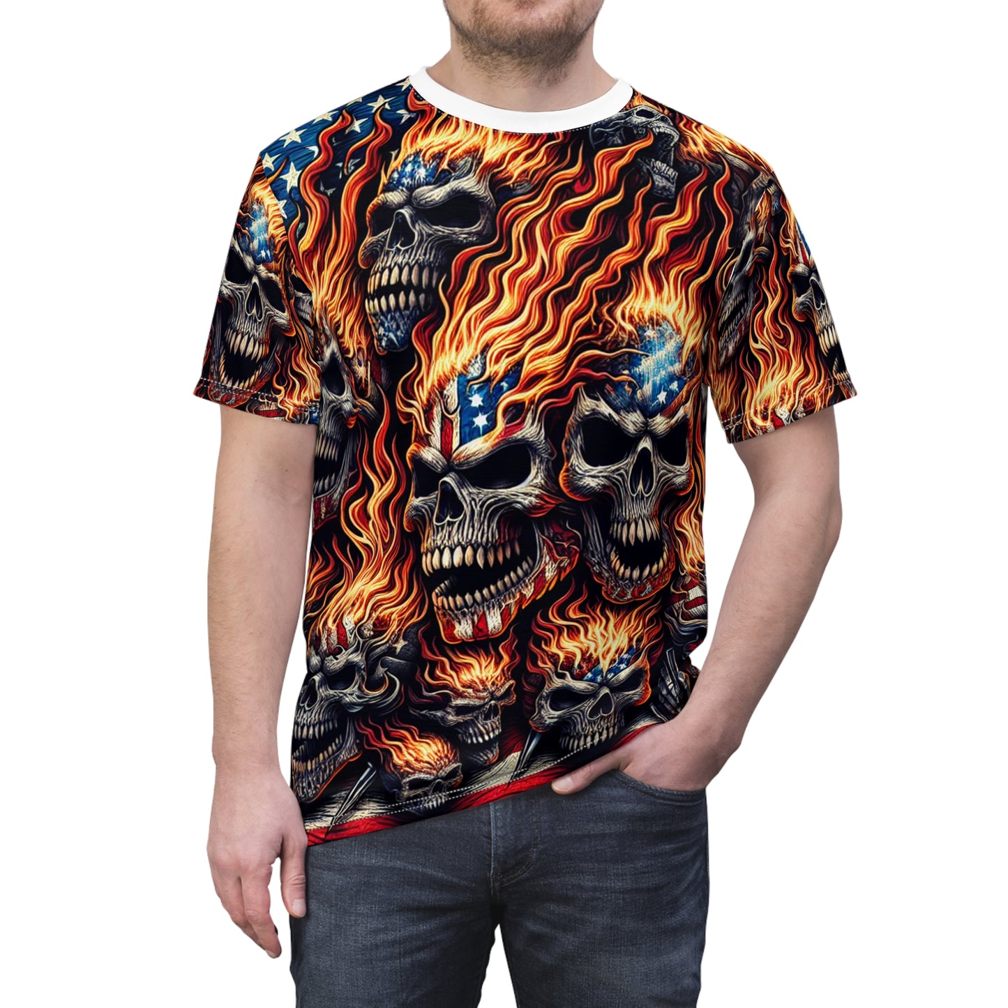 Patriotic Inferno: Scarlet Skull Cascade T-Shirt - Patriotic Streetwear Tee