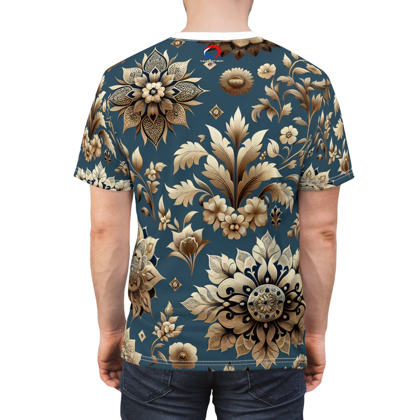 Floral & Geometric Indian Motif Collection: Luxurious Gold on Royal Blue T-Shirt with Seamless Pattern Design - Traditional Indian Motifs Tee