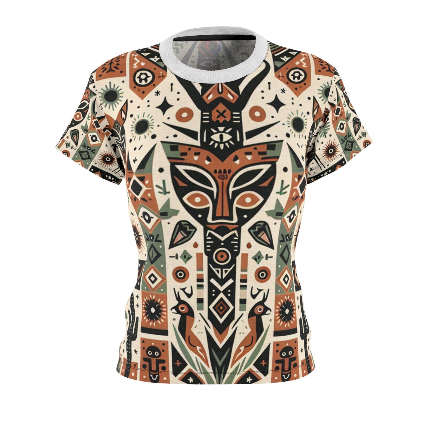 Women's Tribal Art T-Shirt: African-American Fusion, Symmetrical Nature Totem, Geometric Fauna & Flora, Earthy-tone Palette - African Tribal Pattern-Inspired