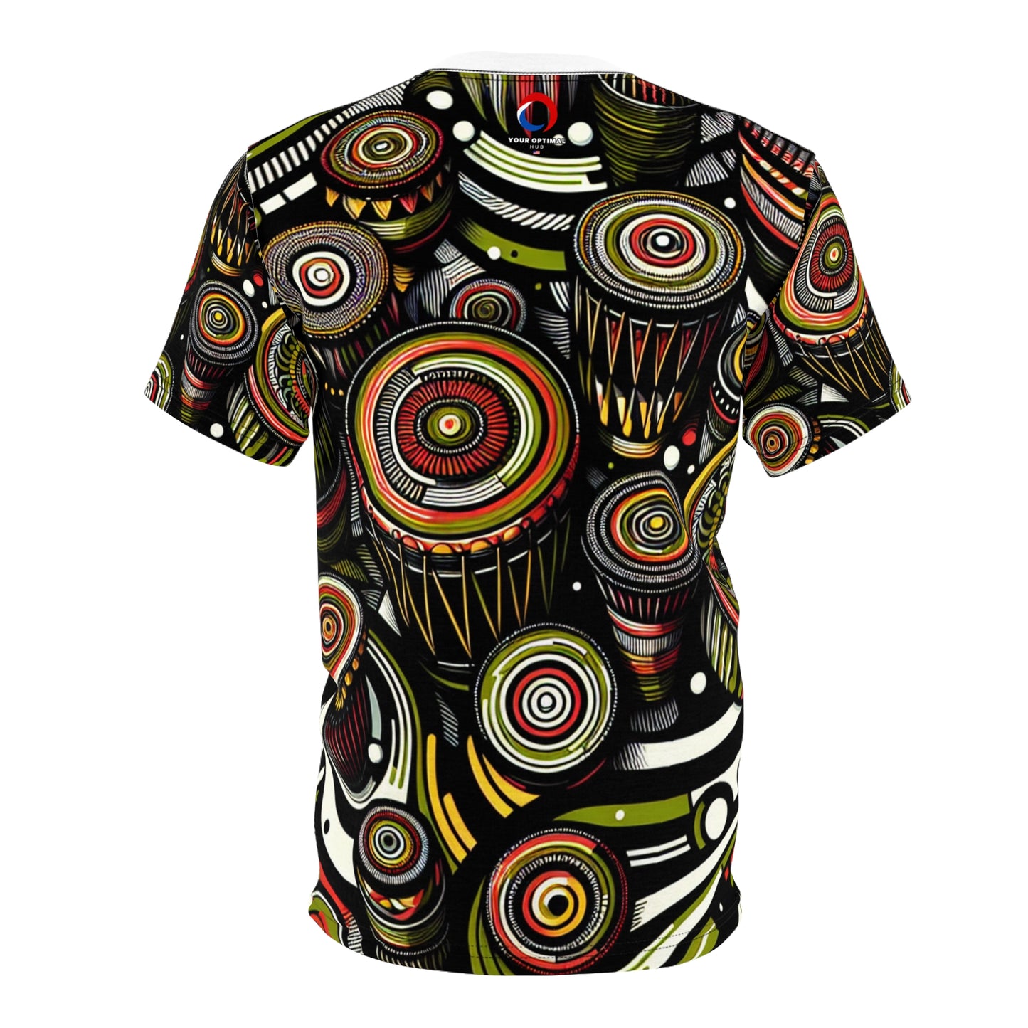 African Drum Dance Vibrant T-Shirt - Bold Kaleidoscope Pattern in Black, Red and Lime Green - African Tribal Pattern-Inspired Tee